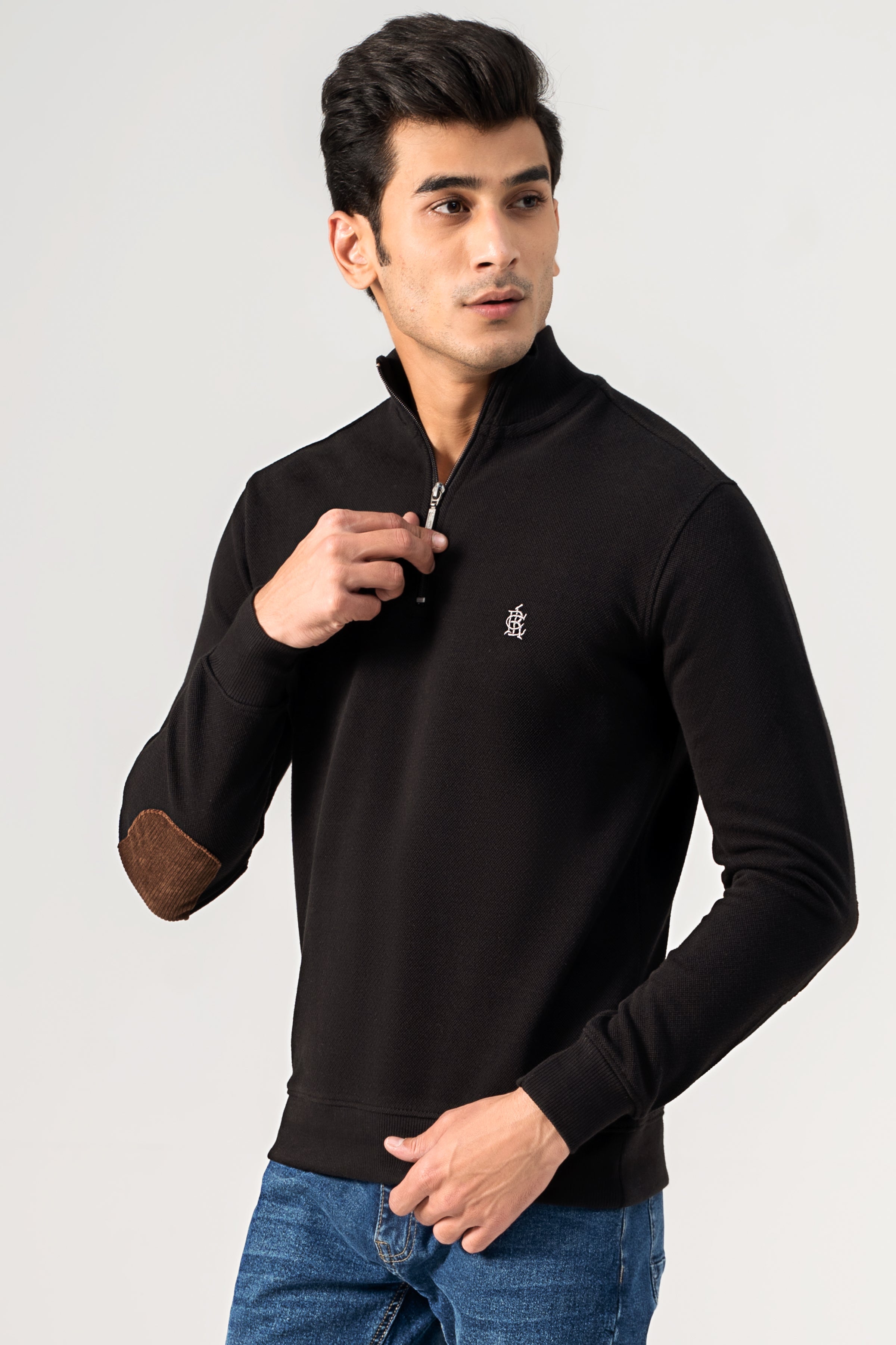 Black half-zip mock-neck sweatshirt, logo on chest, long sleeves
