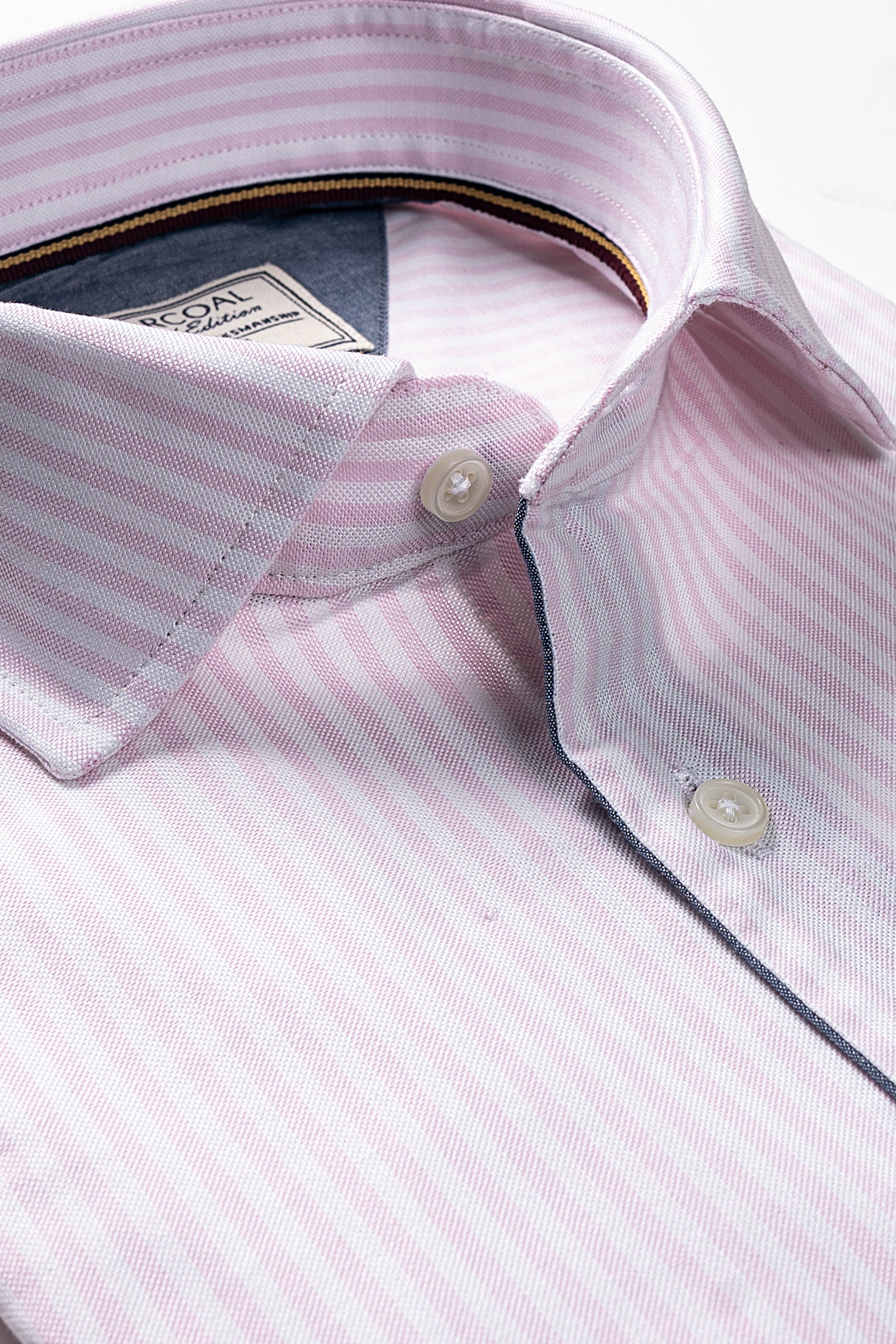 Pink striped shirt collar with buttoned placket and folded neckline