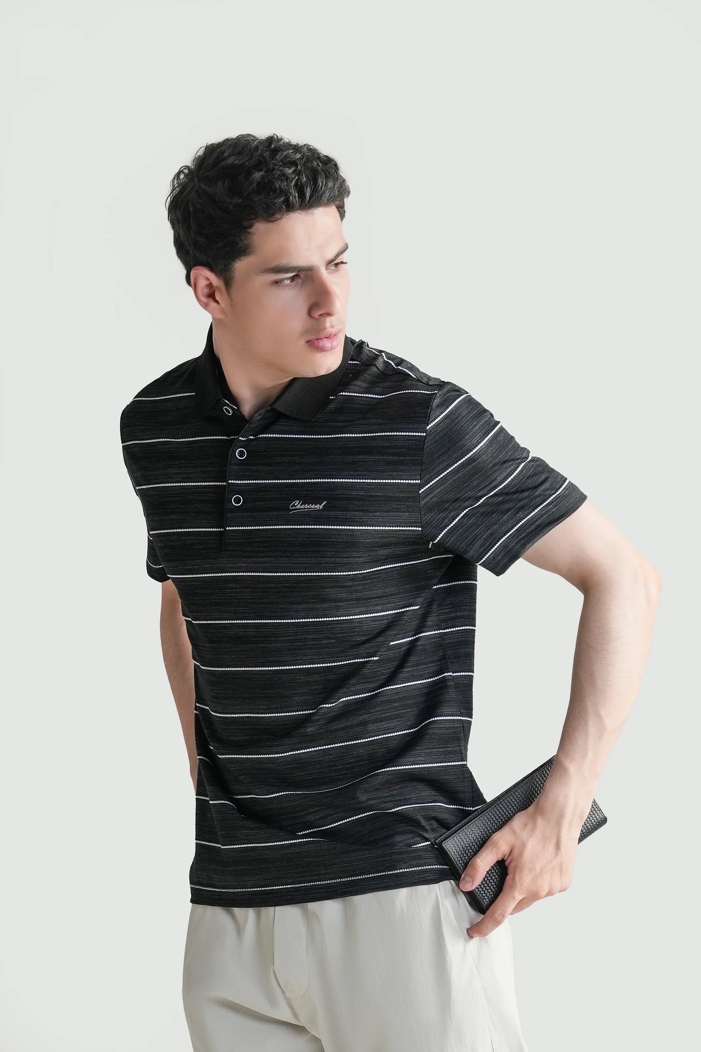 Men's black striped polo shirt with short sleeves and stand collar