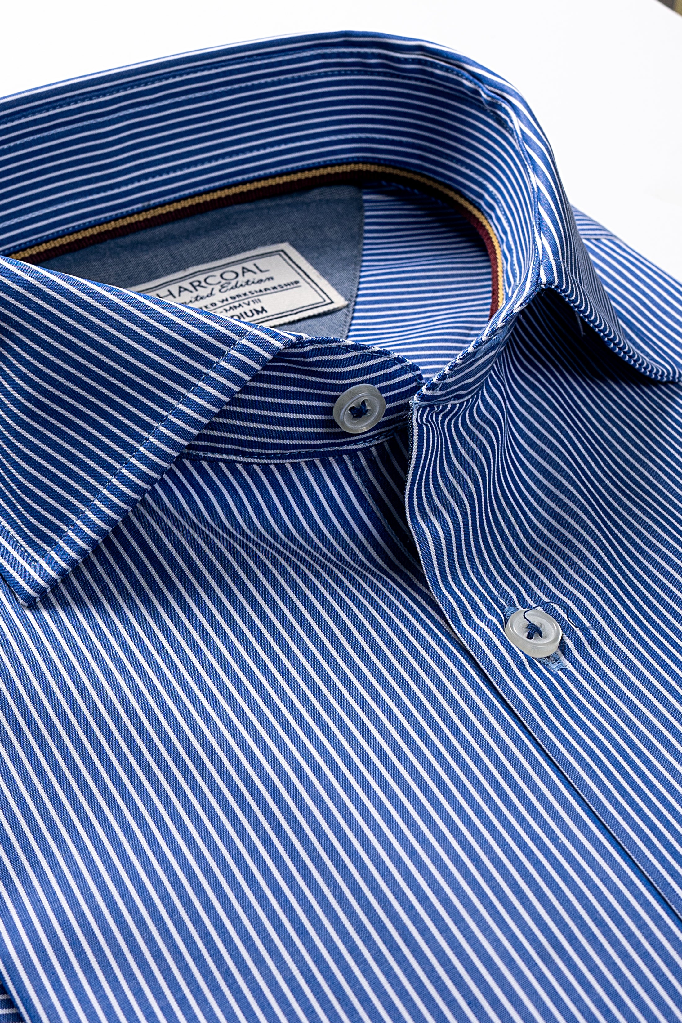 Limited edition blue striped shirt collar close-up with button placket