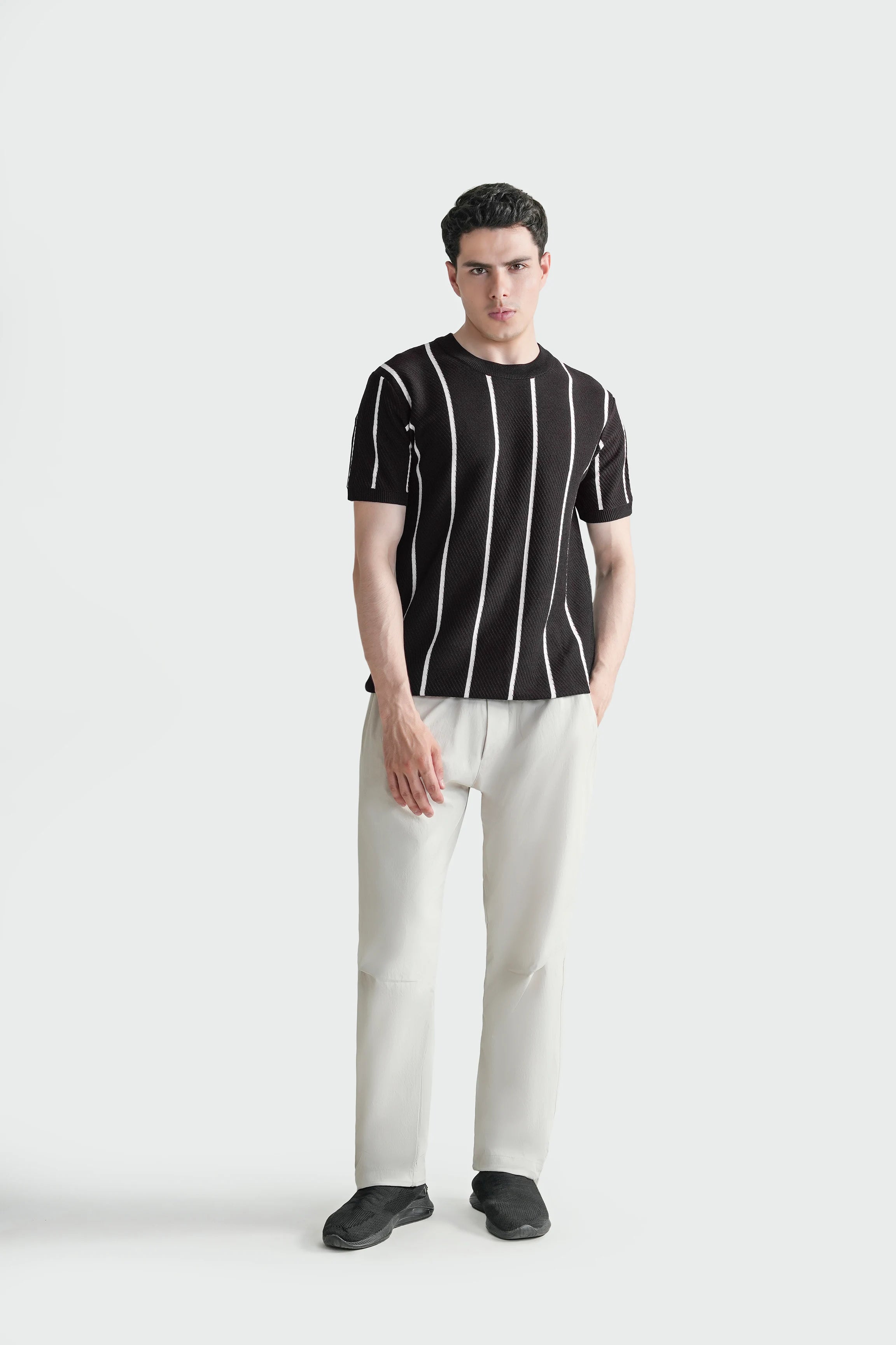 SWEATER KNIT SELF STRIPED CREW NECK T-SHIRT BROWN