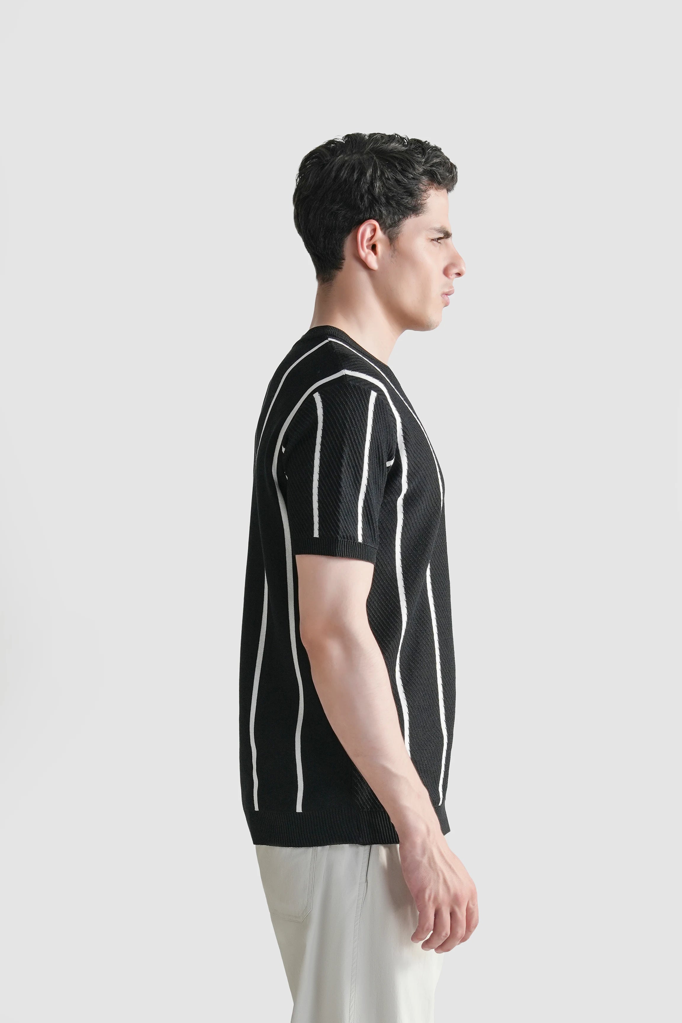 SWEATER KNIT SELF STRIPED CREW NECK T-SHIRT BLACK