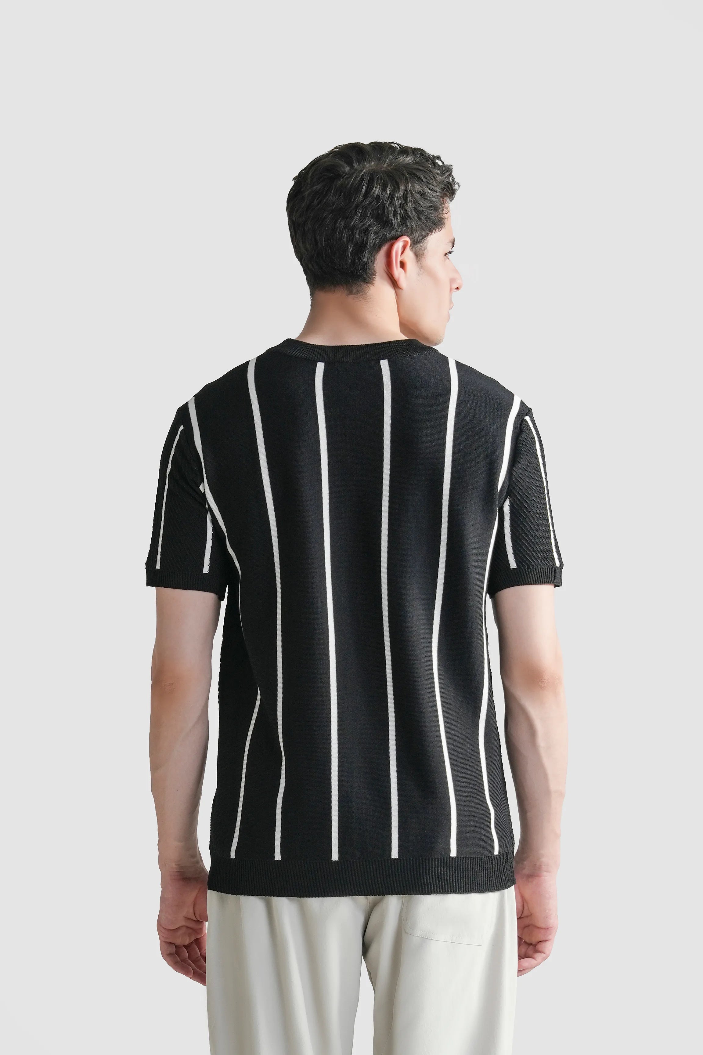 SWEATER KNIT SELF STRIPED CREW NECK T-SHIRT BLACK