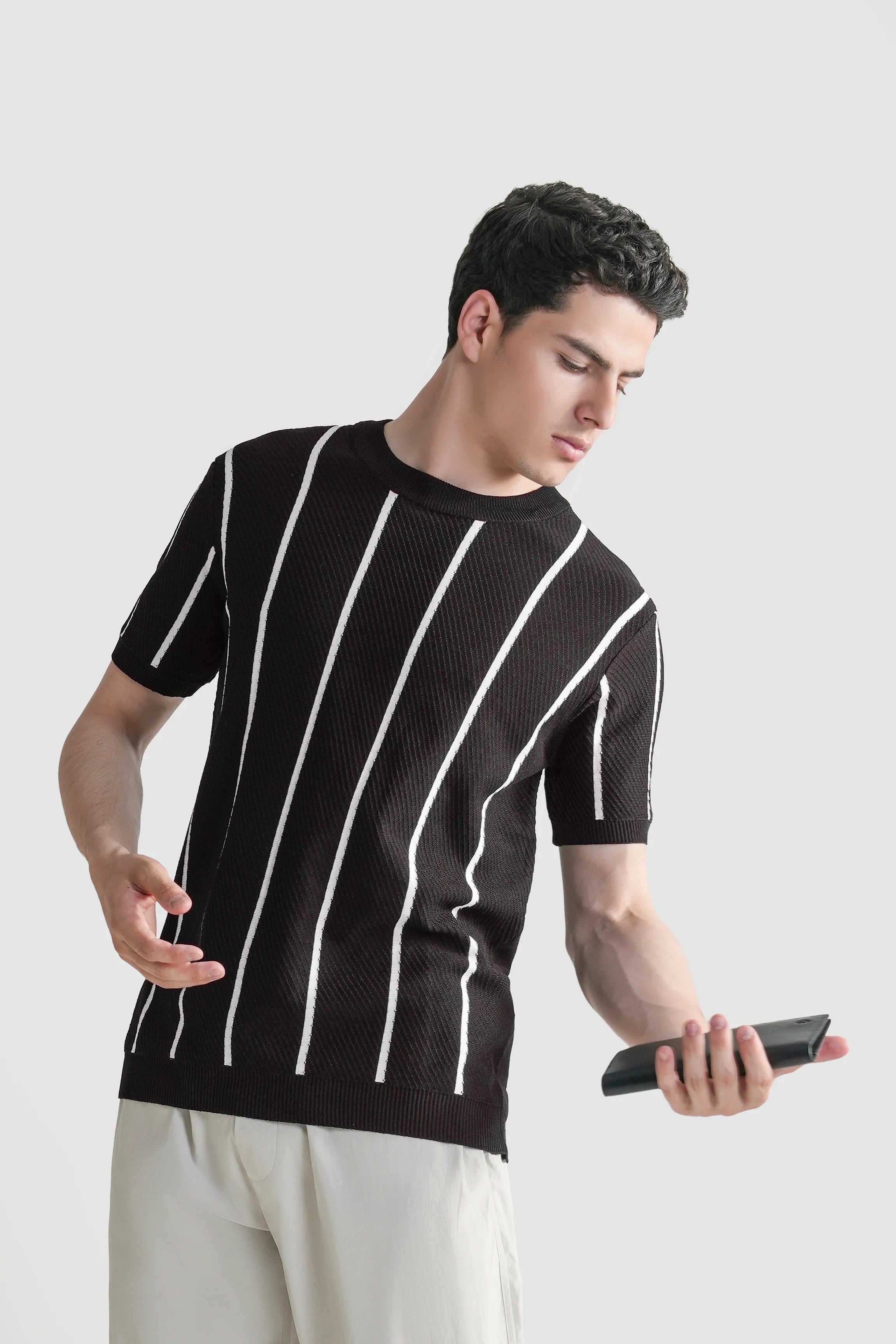 SWEATER KNIT SELF STRIPED CREW NECK T-SHIRT BROWN