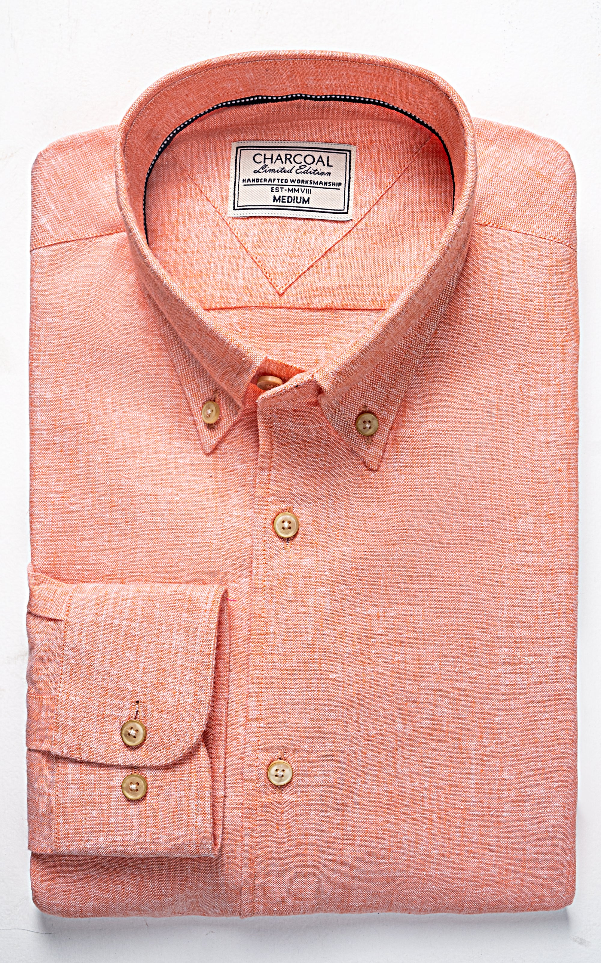Peach linen limited edition shirt with button front, spread collar, and chest pocket