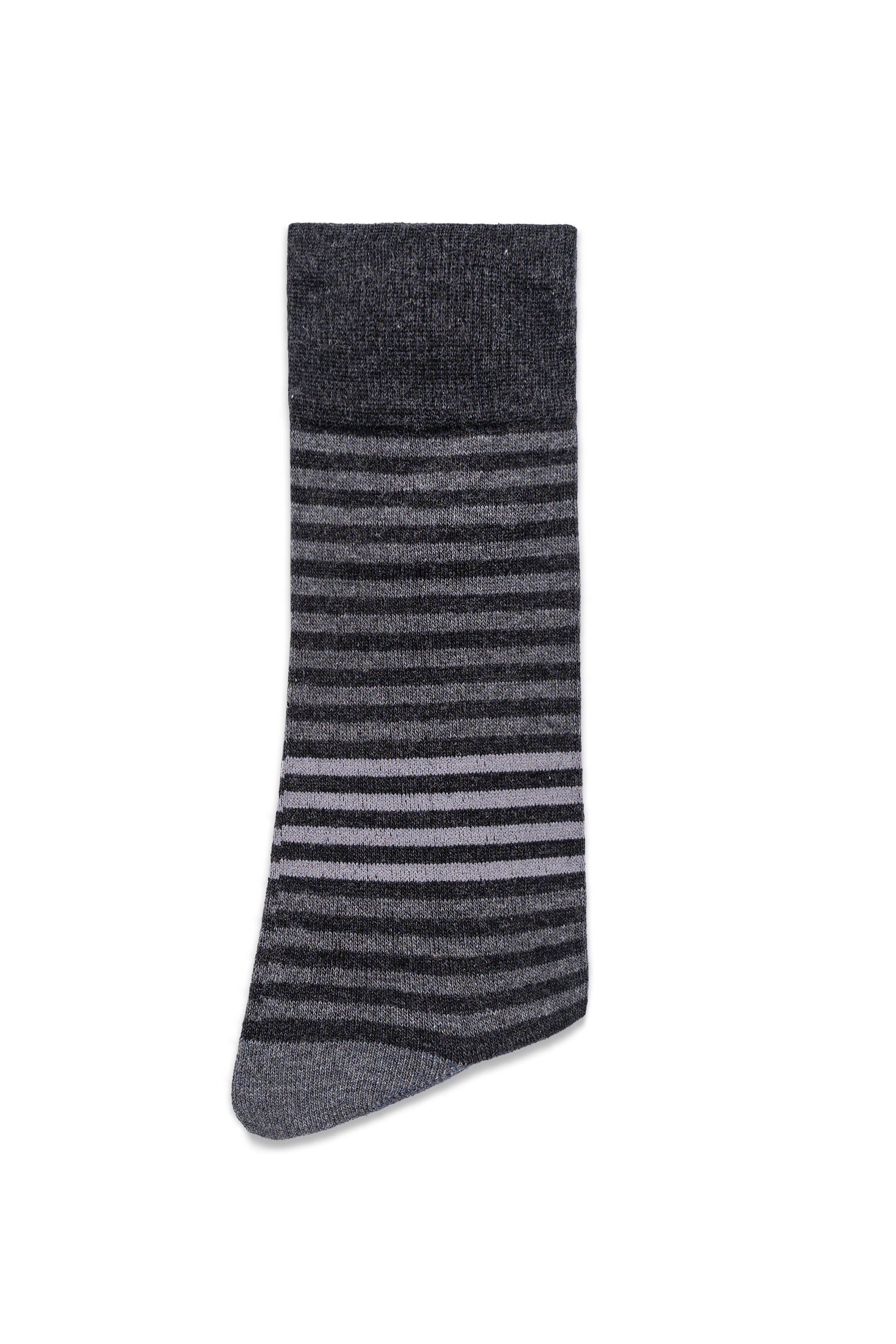 Dark gray dress sock with bold horizontal stripe bands