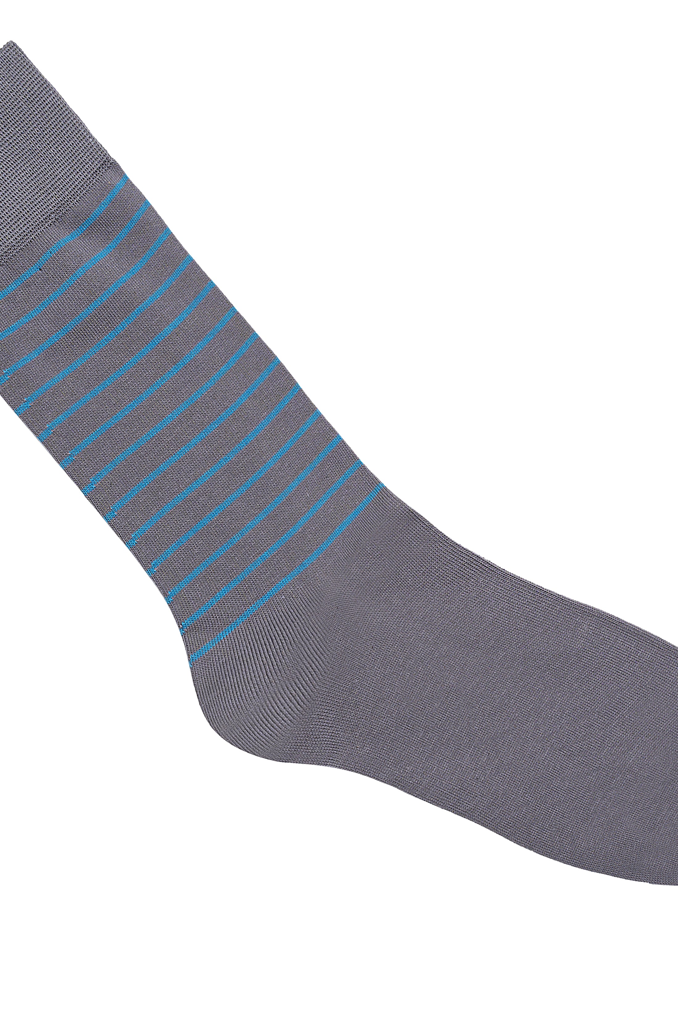 Wool sock close-up: dark gray knit with blue striped band and smooth toe