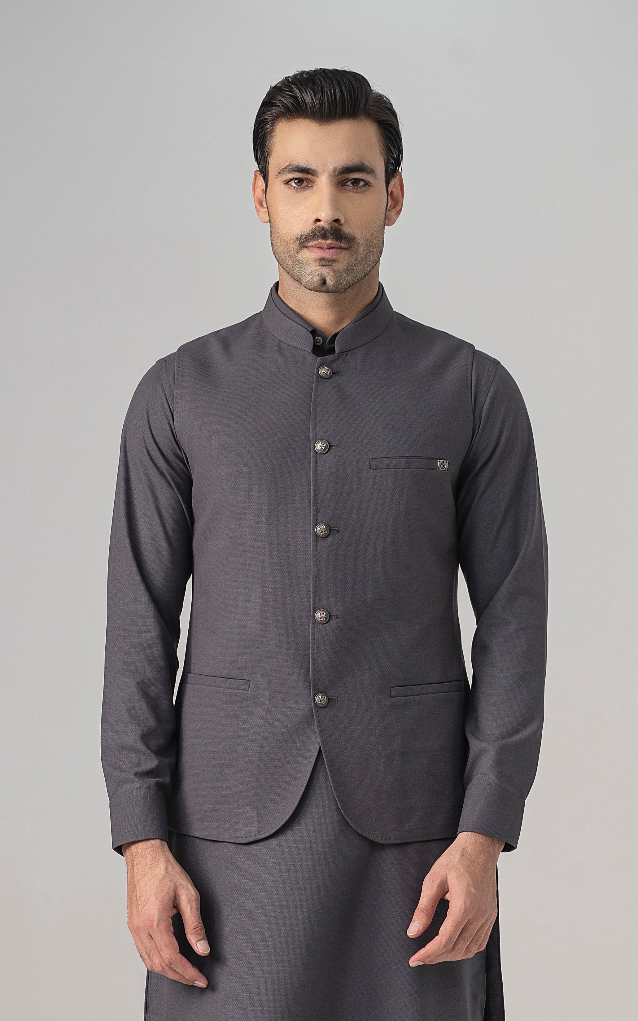 Mid-grey textured blended waistcoat with button front and notch collar