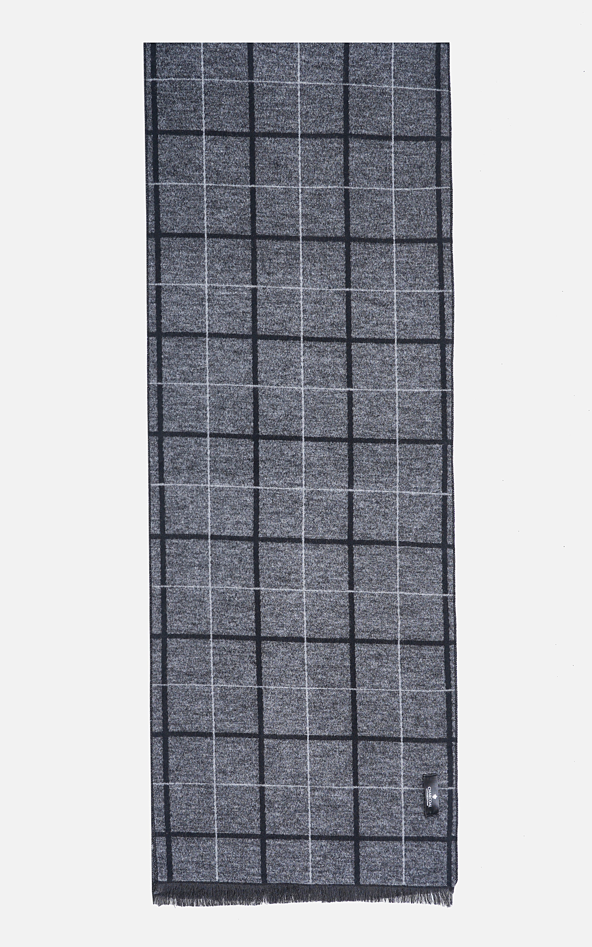 Grid scarf in dark gray with light checks, fringed border, folded flat