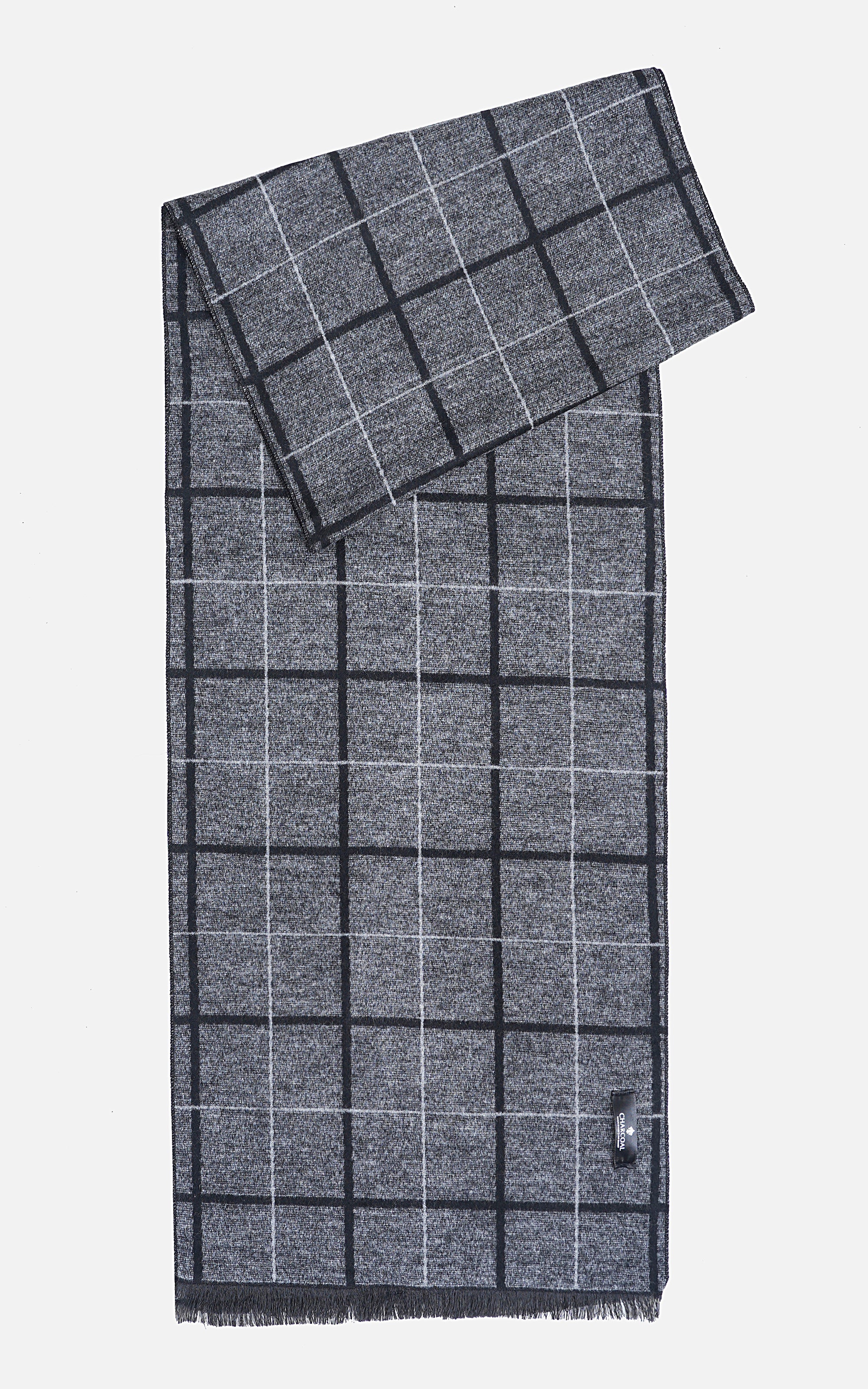 Grid plaid scarf in dark gray with light checks and fringed ends