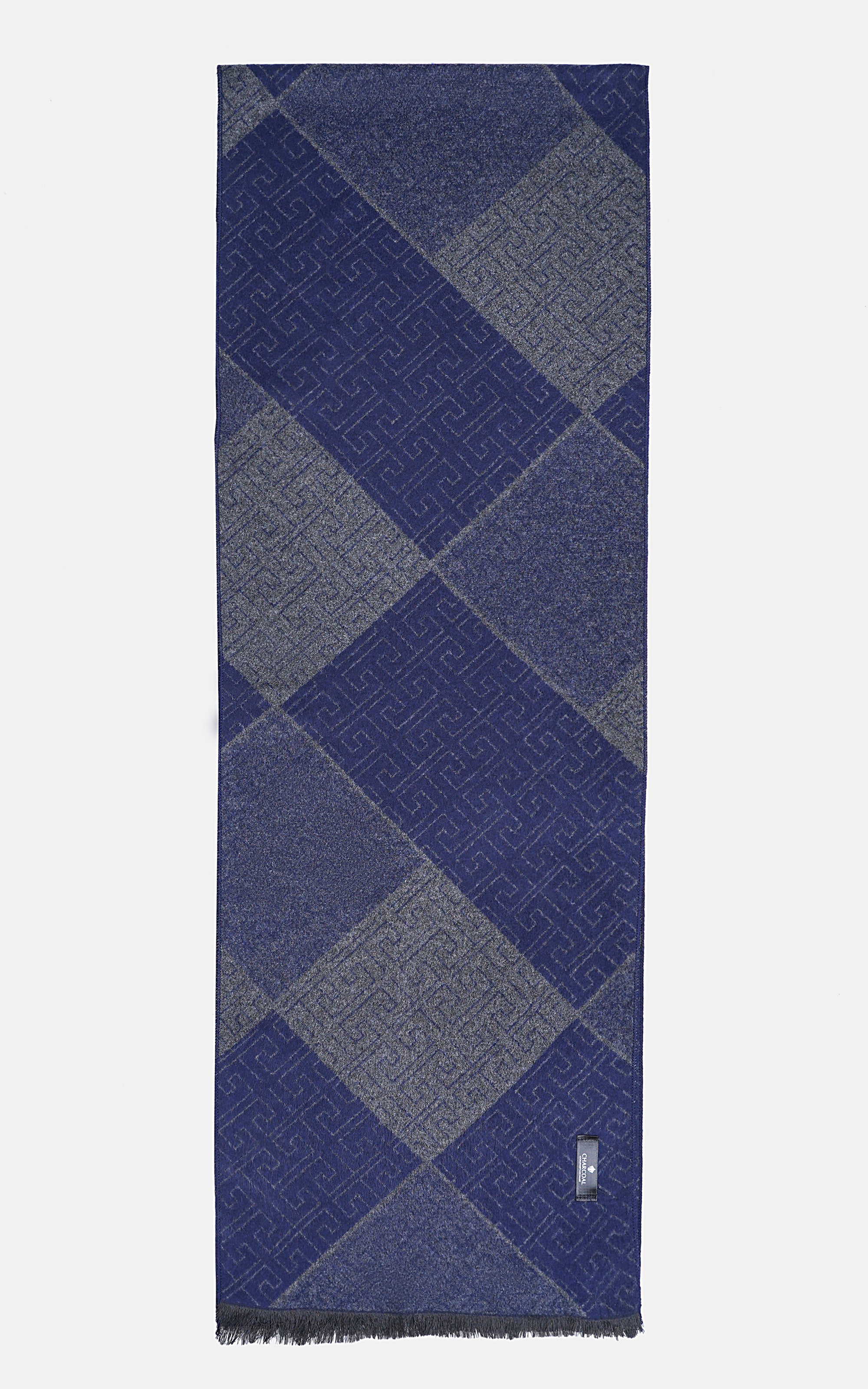 Blue and gray geometric patterned scarf with fringed edges