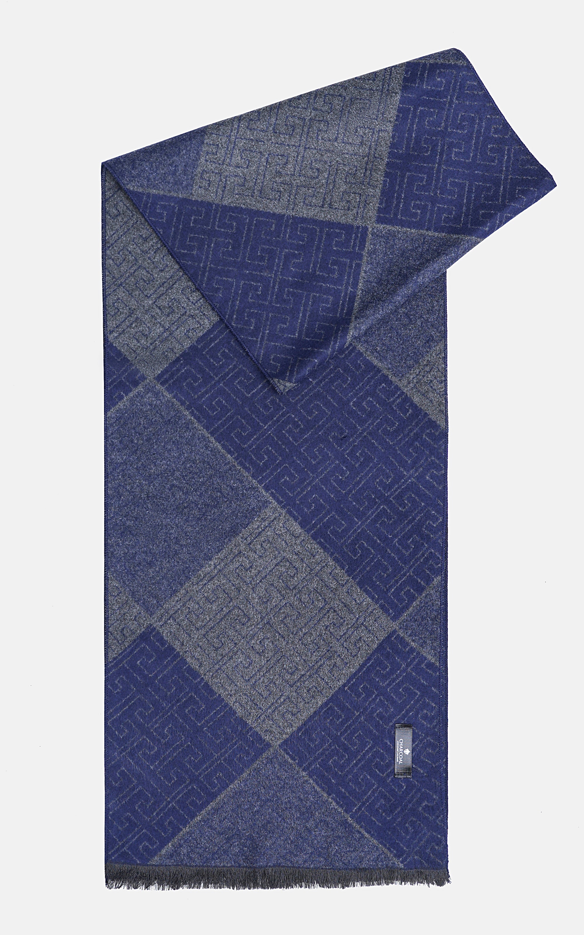 Blue and gray patchwork-style scarf with small fringes