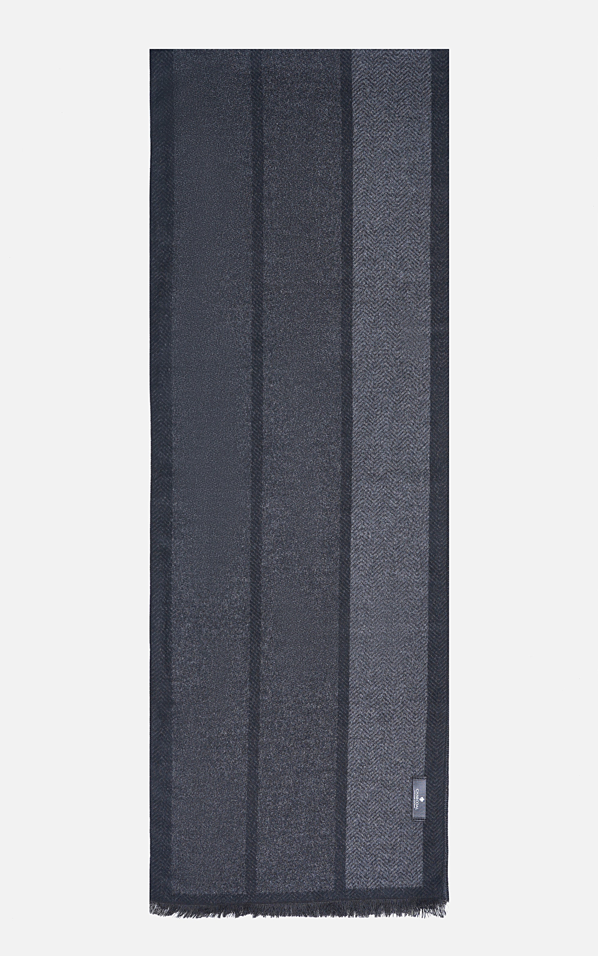 Navy striped scarf with fringed hem and woven vertical texture.