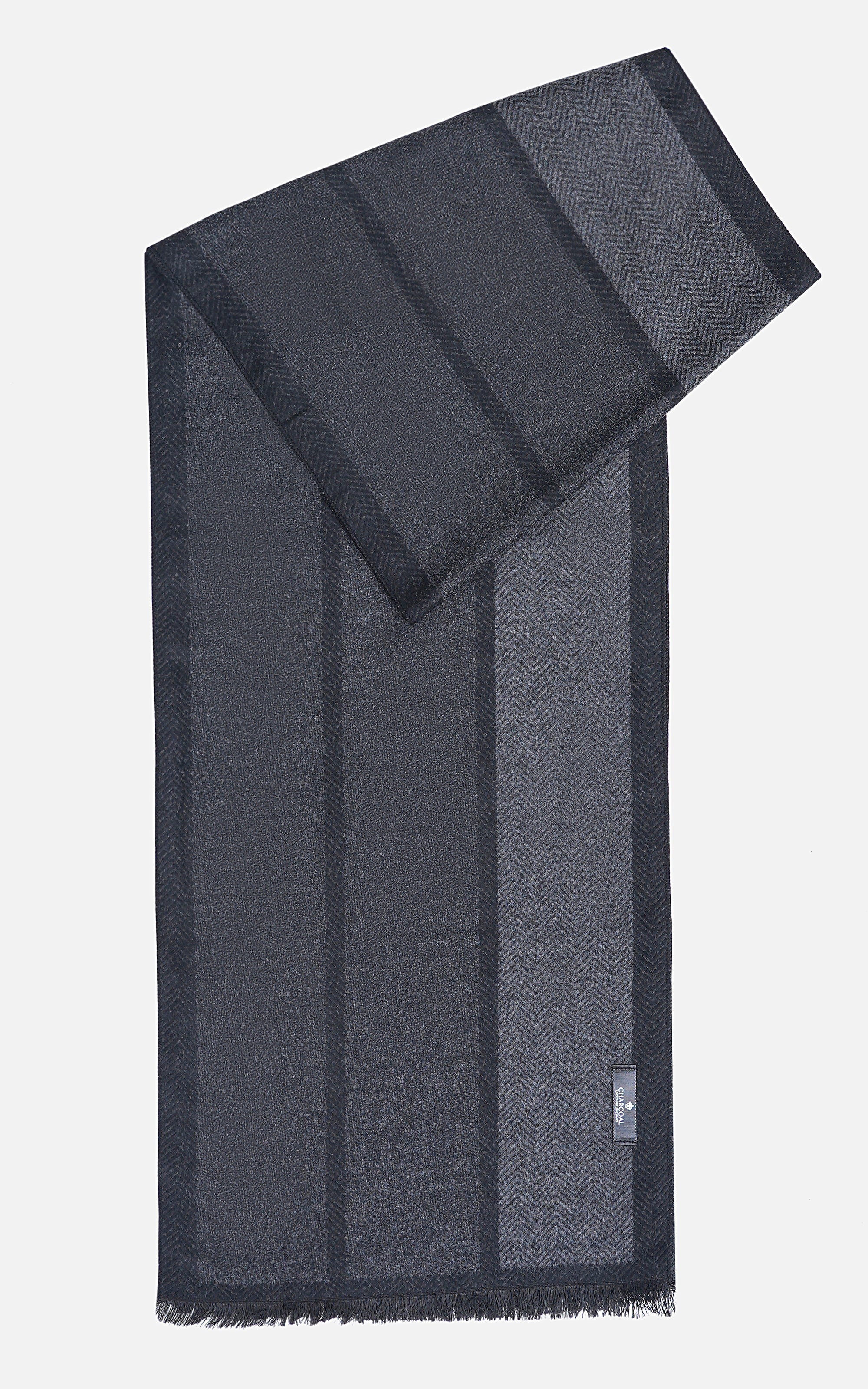 Navy striped scarf with fringed ends, folded drape with woven texture.