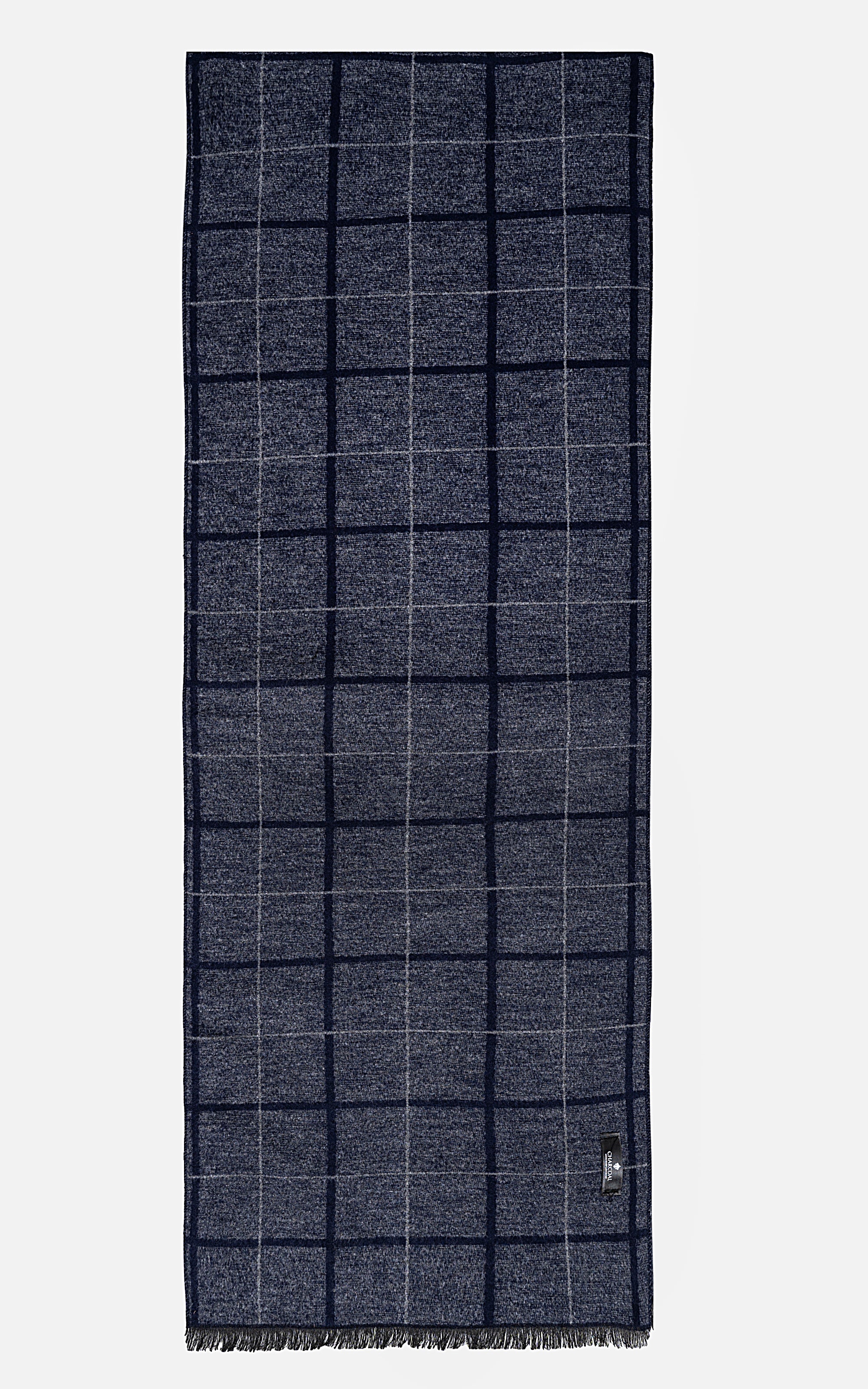 Navy grid check scarf with fringed hem and visible stitched border.