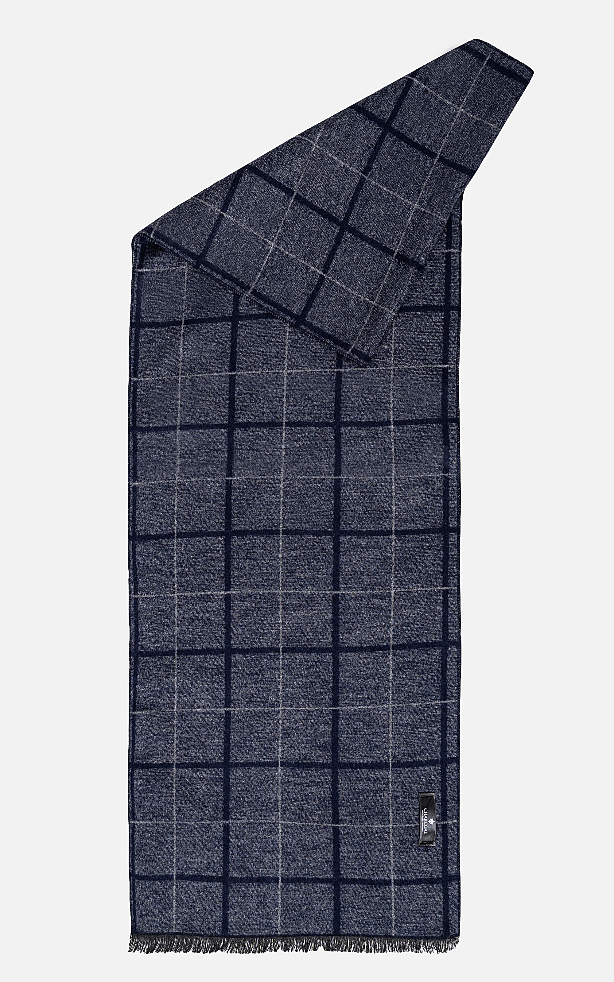 Navy grid check scarf with fringed ends, folded for display.