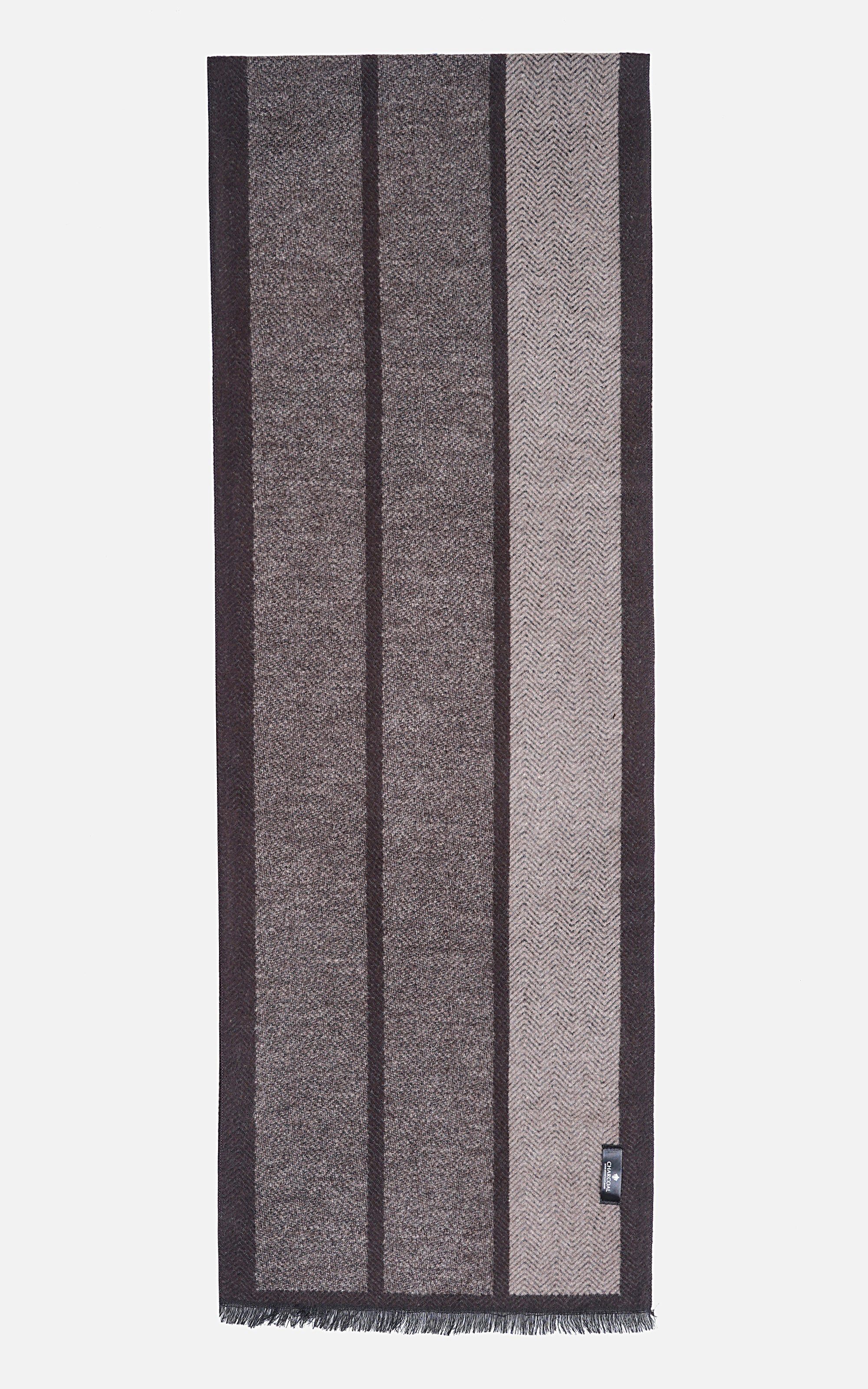 Striped scarf with fringed hem, gray vertical stripes and dark edging