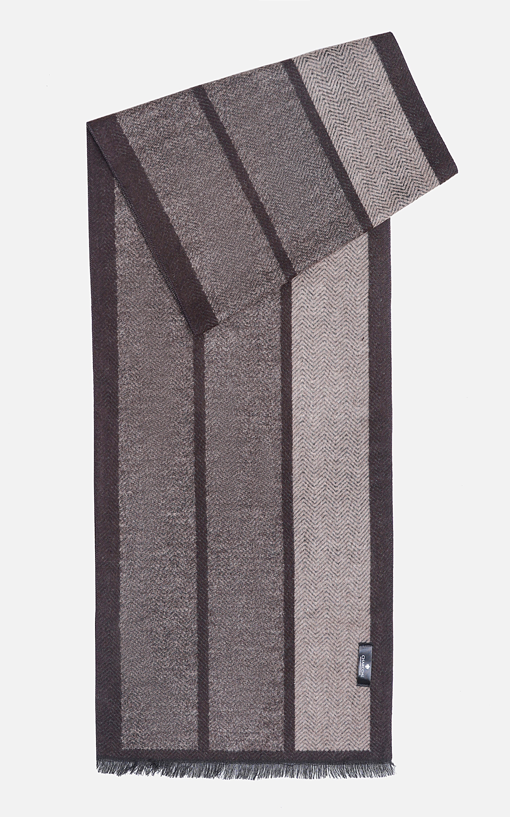 Striped scarf with fringed ends, tall vertical blocks in gray tones
