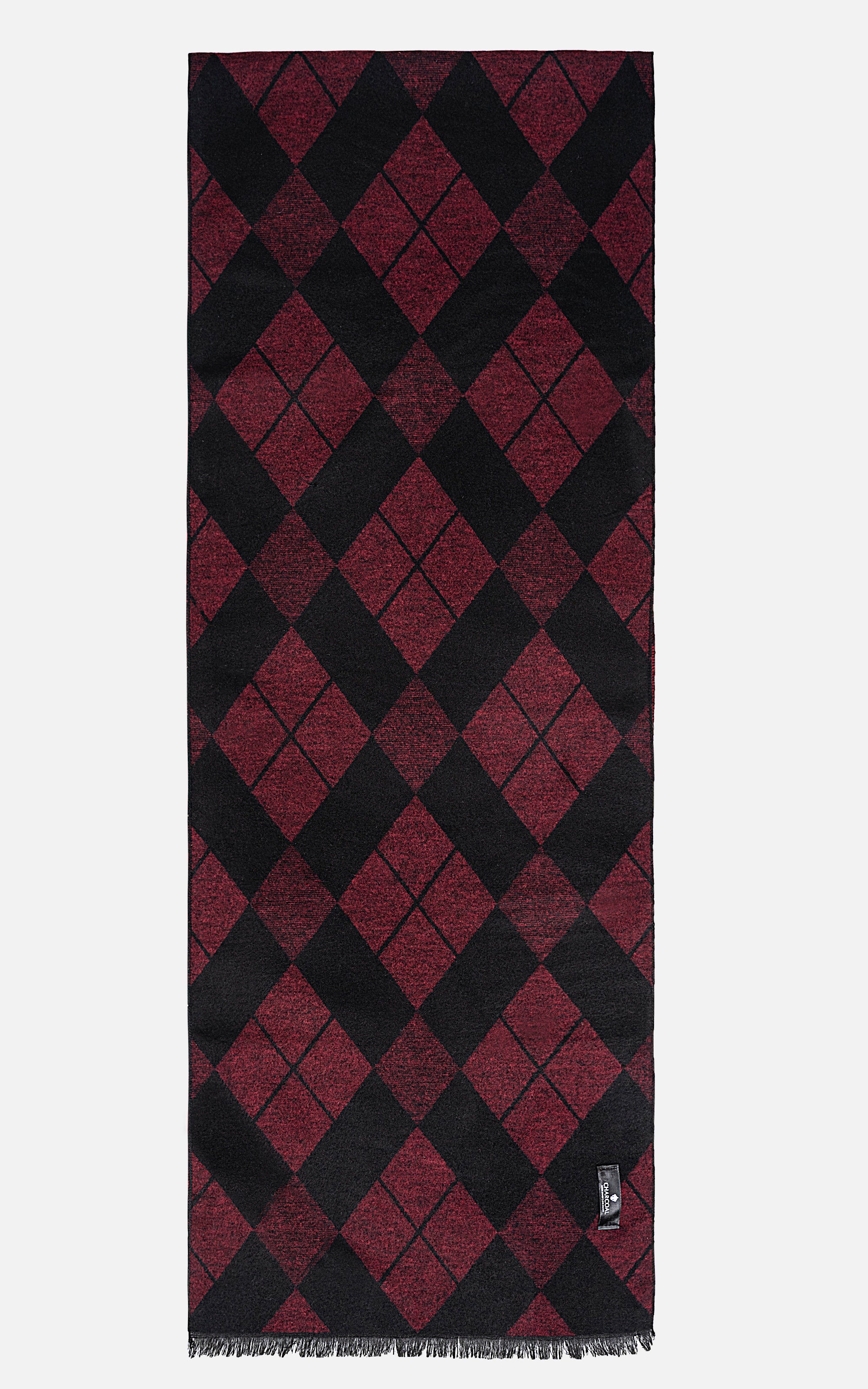 Scarf with diamond check pattern and fringe ends, burgundy and black