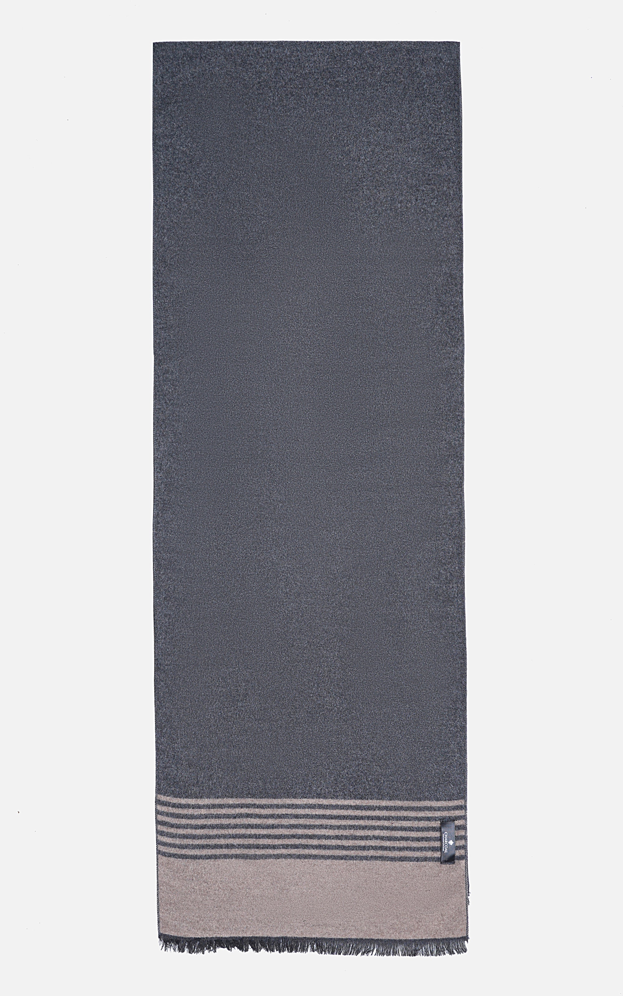 Dark navy scarf with beige striped border and fringed ends