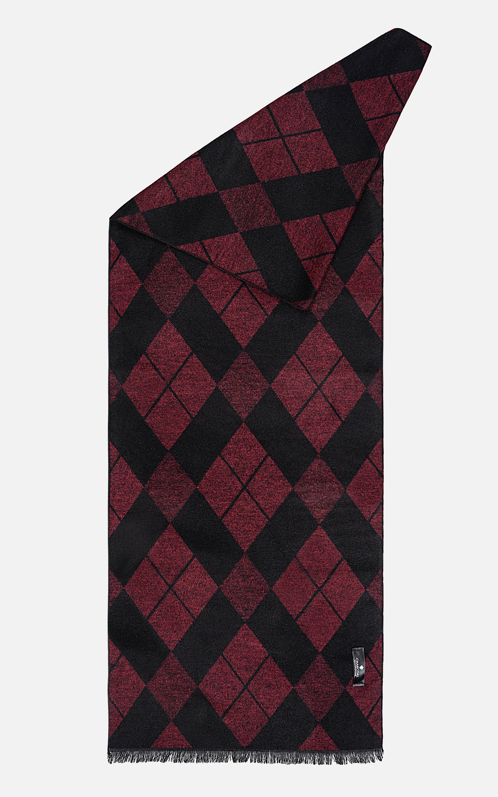 Scarf with diamond check pattern, burgundy and black, fringe and label corner
