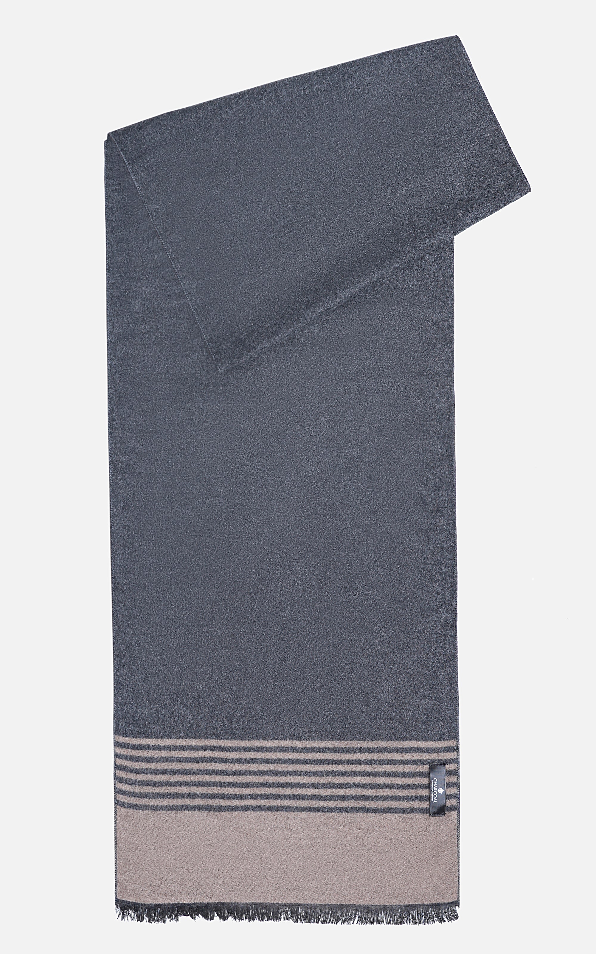 Navy scarf with beige panel, multistripe border, and fringed hem