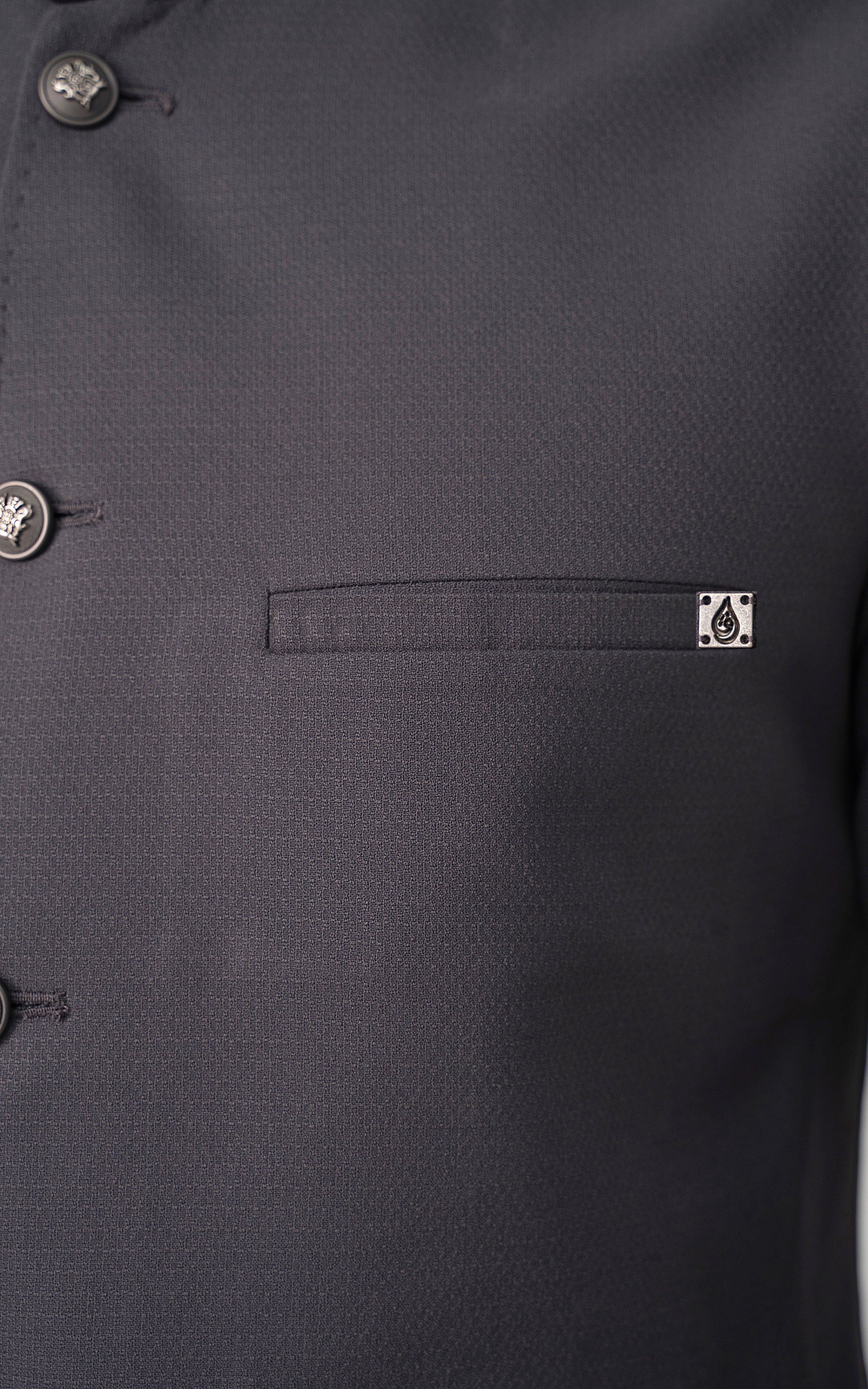 Mid-grey waistcoat chest pocket and button placket detail
