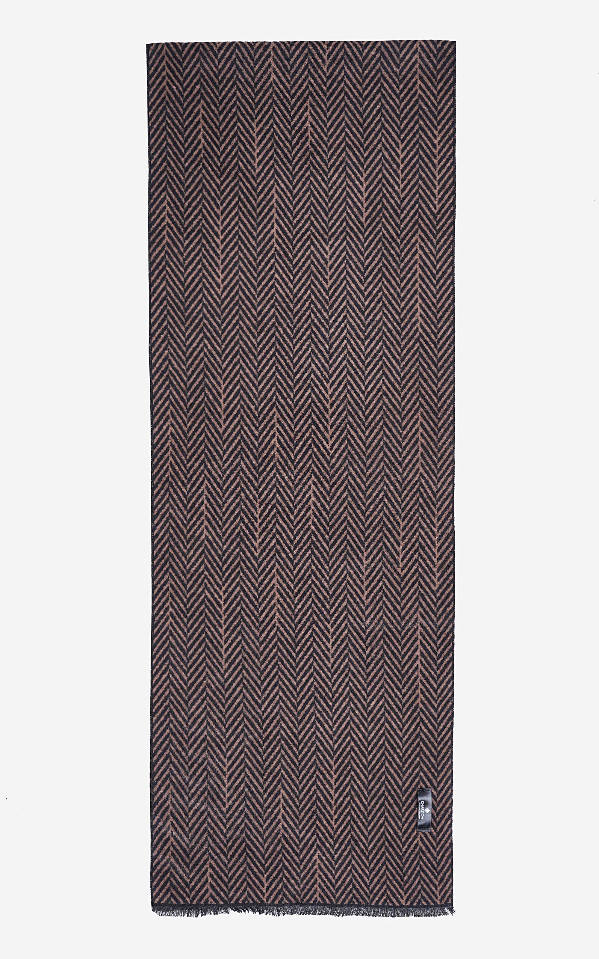 Dark herringbone scarf with fringed hem and small brand tag