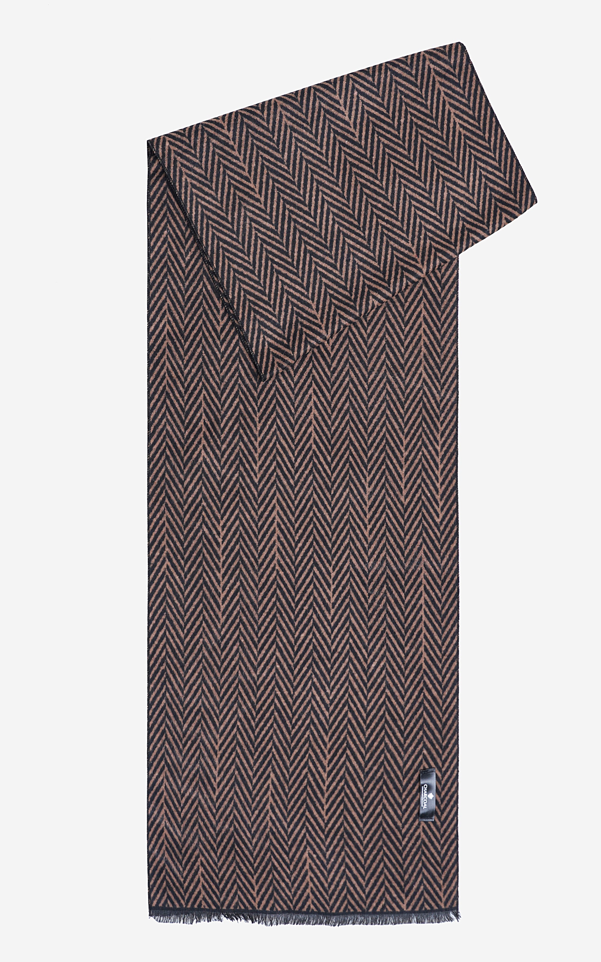 Dark herringbone scarf shown folded with fringed hem and brand tag