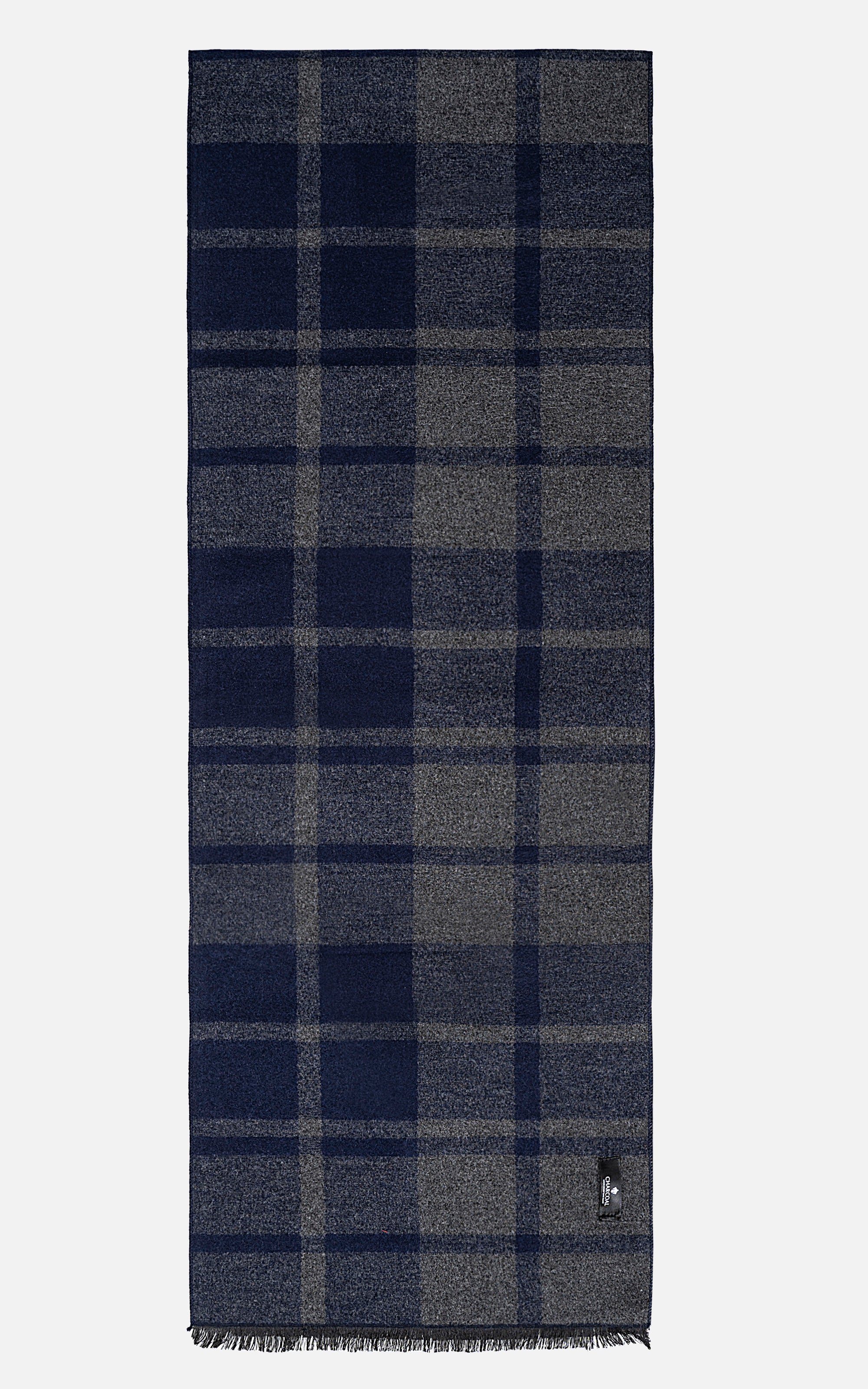 Plaid scarf in dark blue and gray with fringed ends