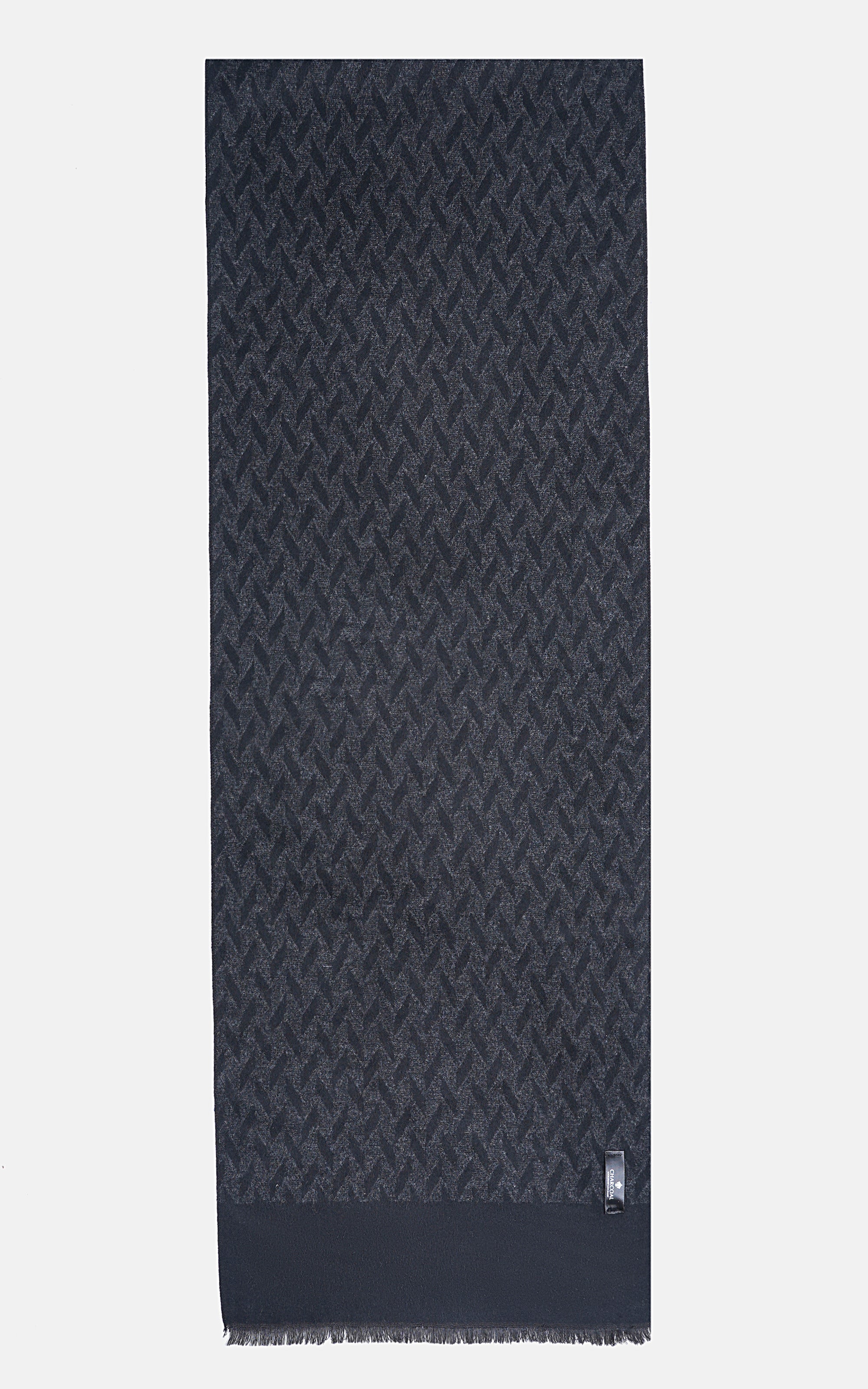 Dark patterned scarf, long rectangular weave with fringe at one end