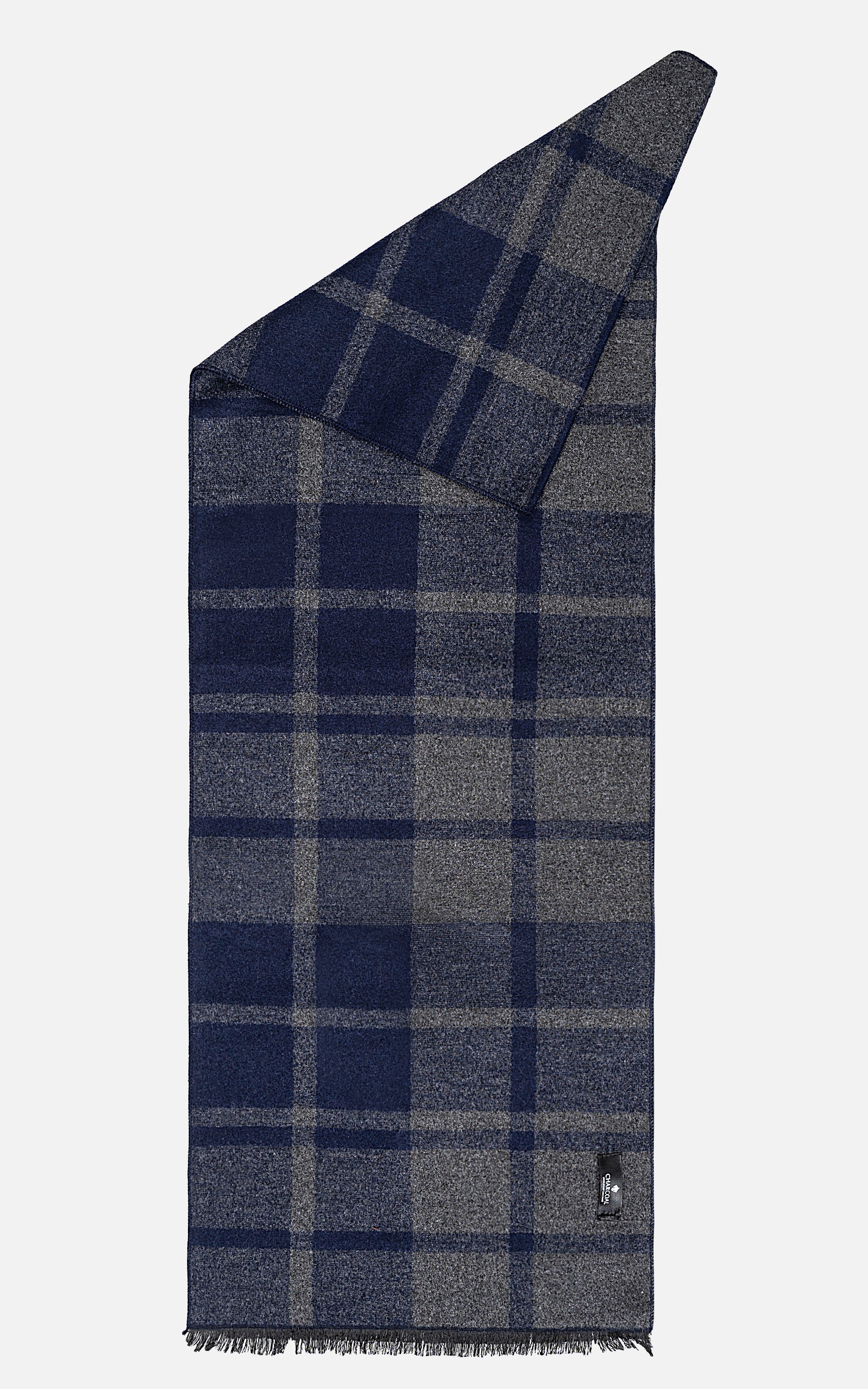 Plaid scarf in dark blue and gray, fringed ends, folded view