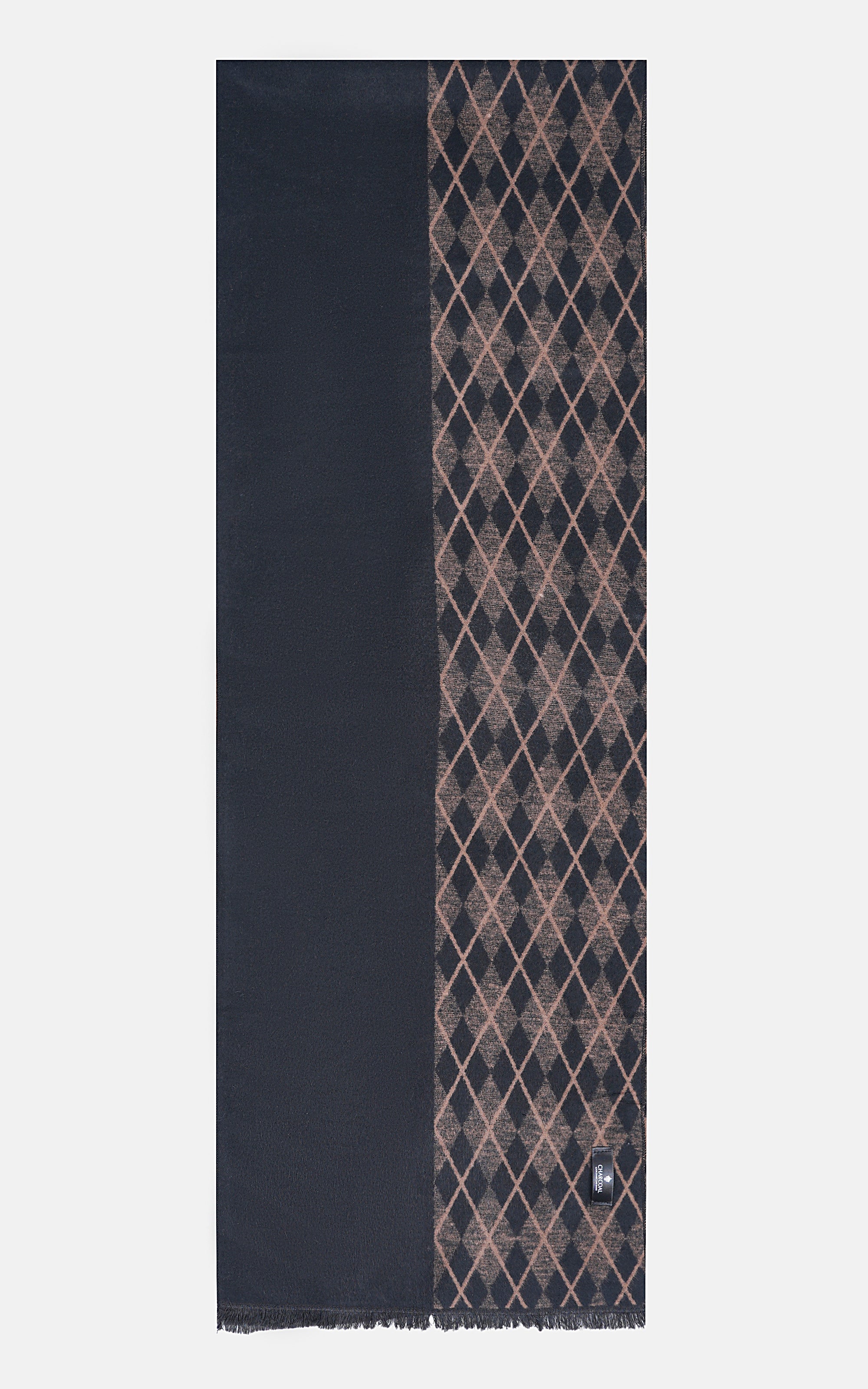 Geometric scarf with dark panels and tan crisscross knit, frayed ends