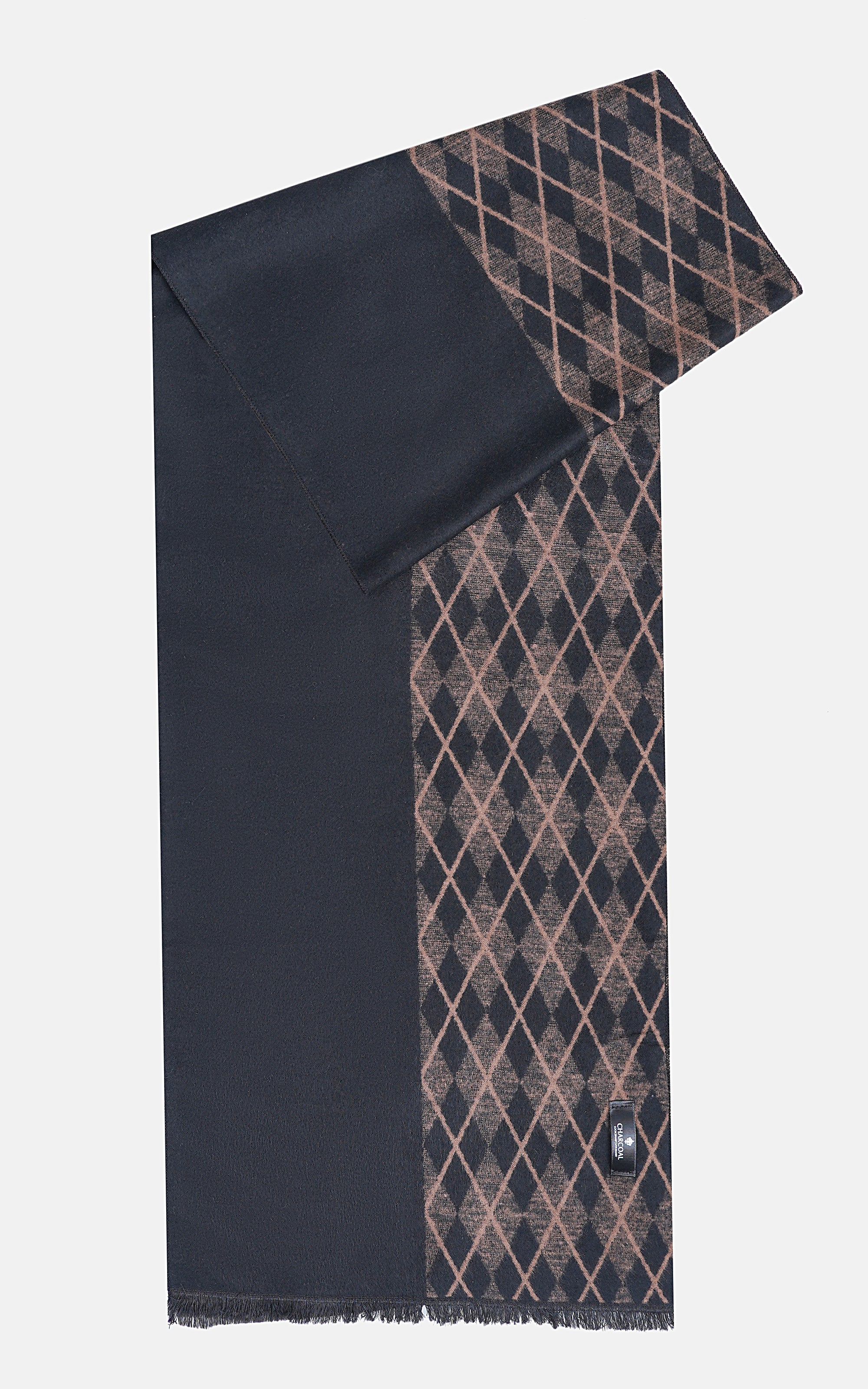 Two-tone scarf with dark solid side, tan crisscross panel, fringed hem
