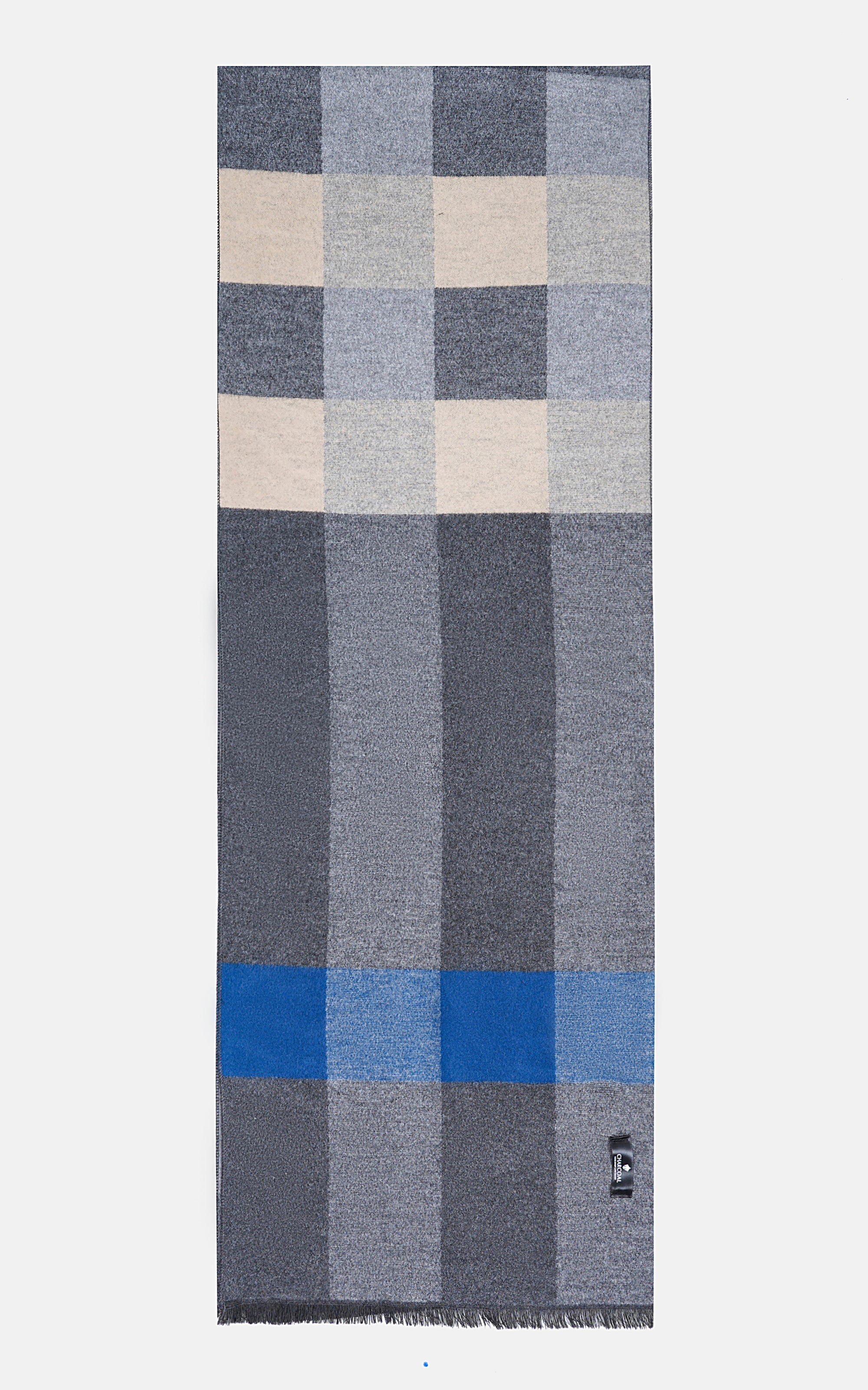 Plaid scarf with navy, light gray, beige and blue check blocks, fringed hem.