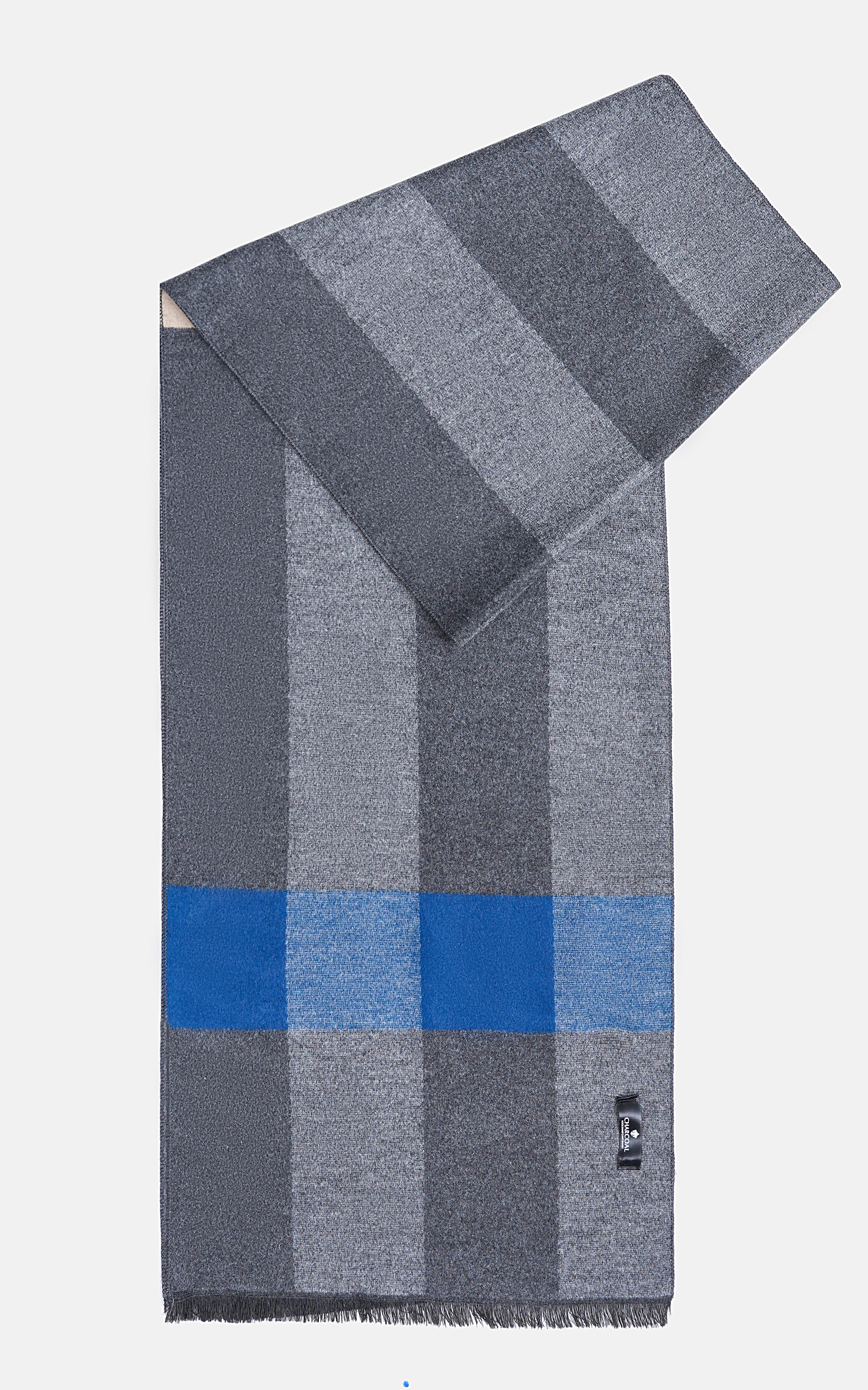 Plaid scarf in dark gray with light gray and blue blocks, fringed ends.