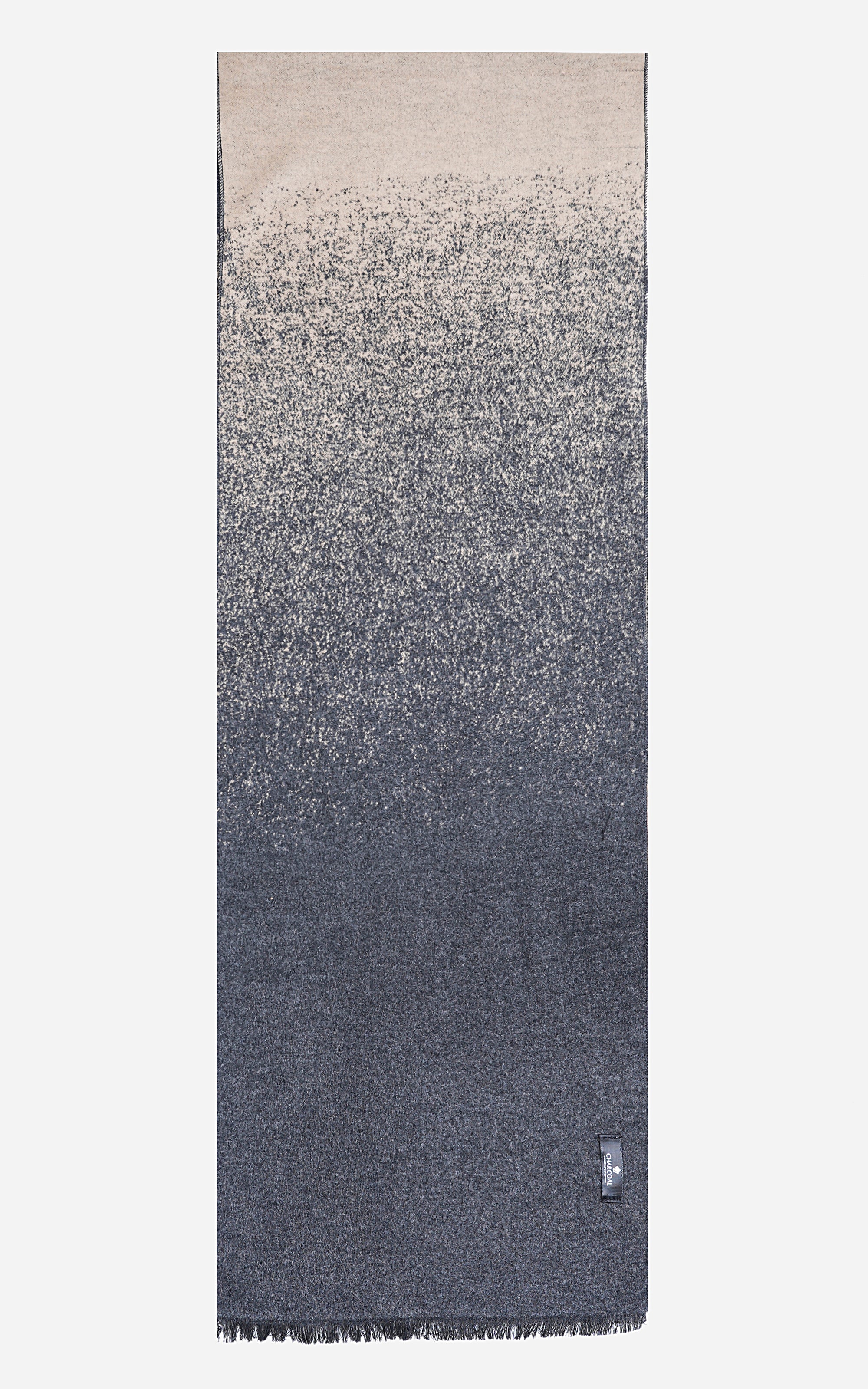 Speckled dark gray scarf with light edge and short fringe at the ends