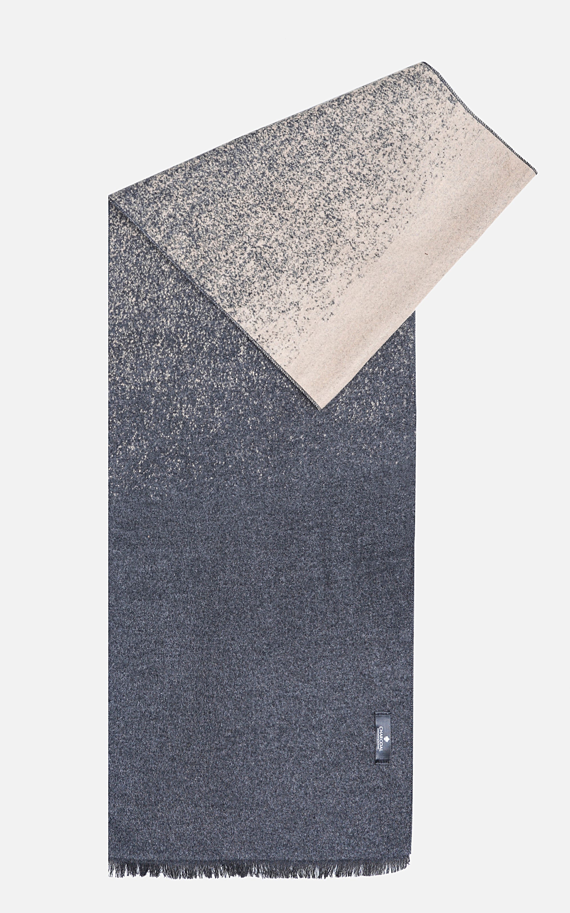 Two-tone speckled scarf with fringe; dark gray body and light beige fold