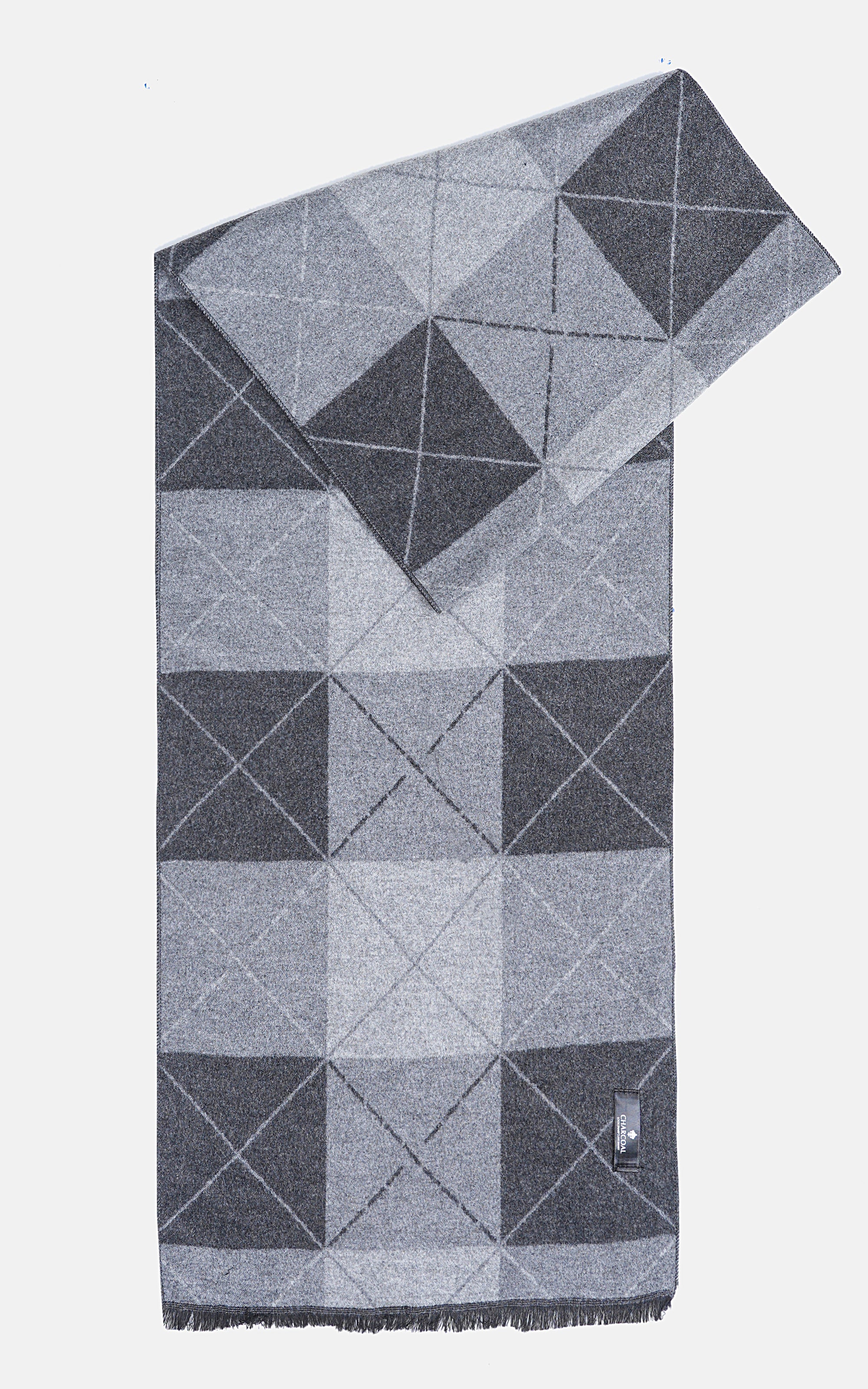 Geometric cube-pattern scarf in light and dark gray with fringe