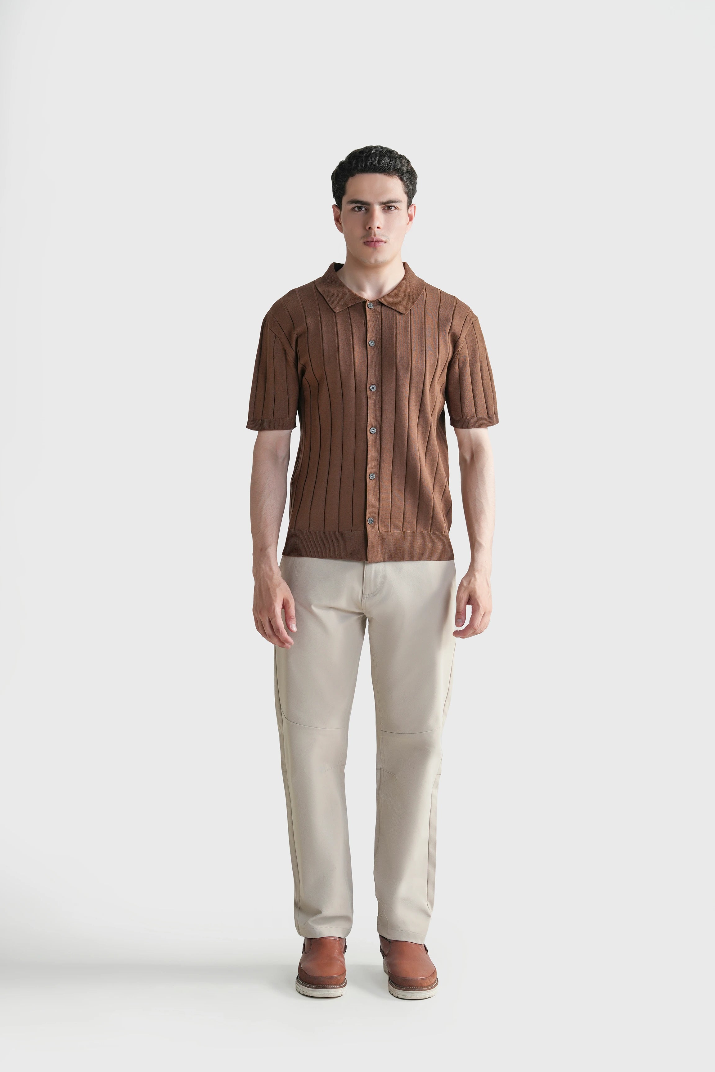 HALF SLEEVE CABLE KNIT CASUAL SHIRT BROWN