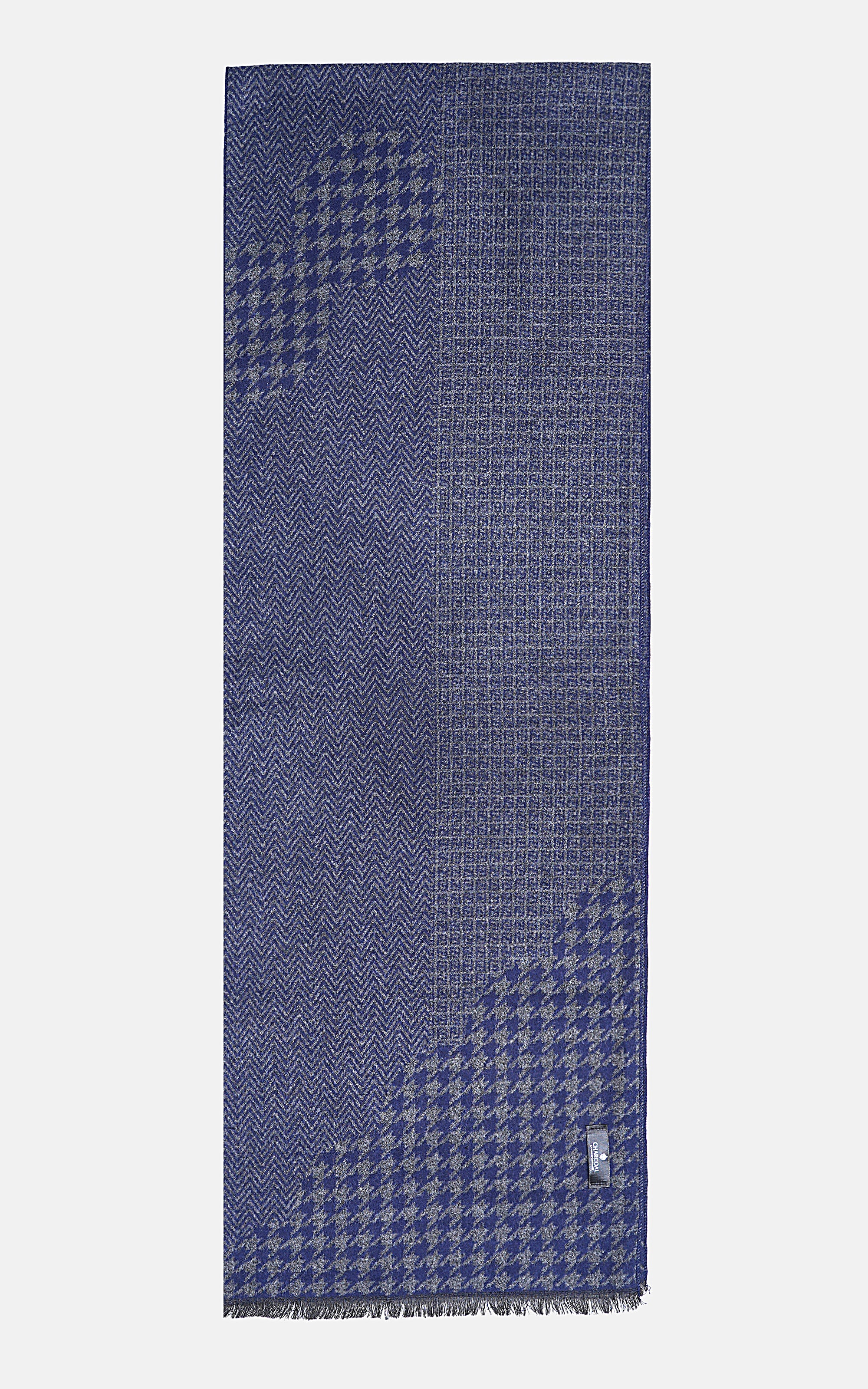 Blue patterned scarf, houndstooth weave, with short fringe trim