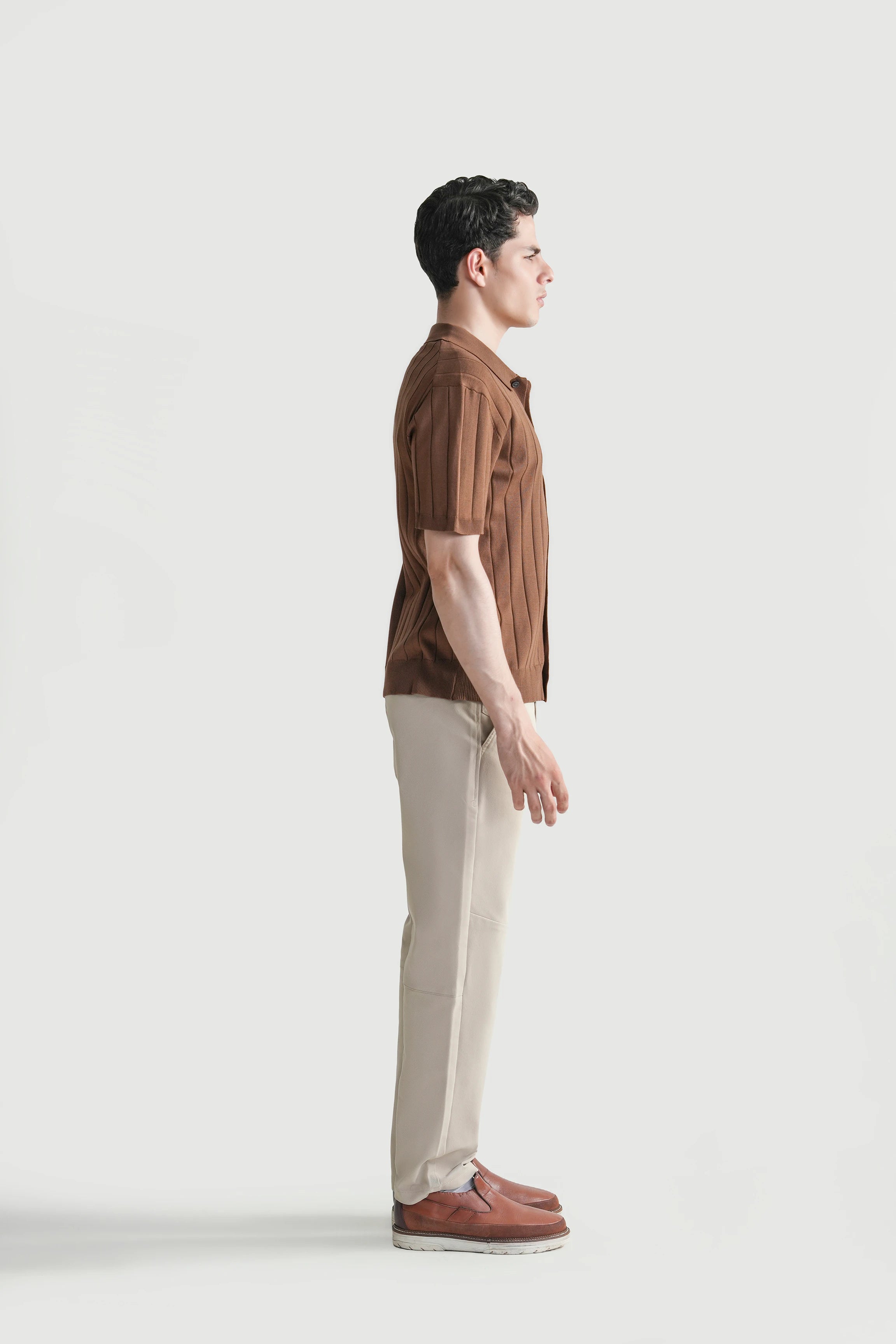 HALF SLEEVE CABLE KNIT CASUAL SHIRT BROWN