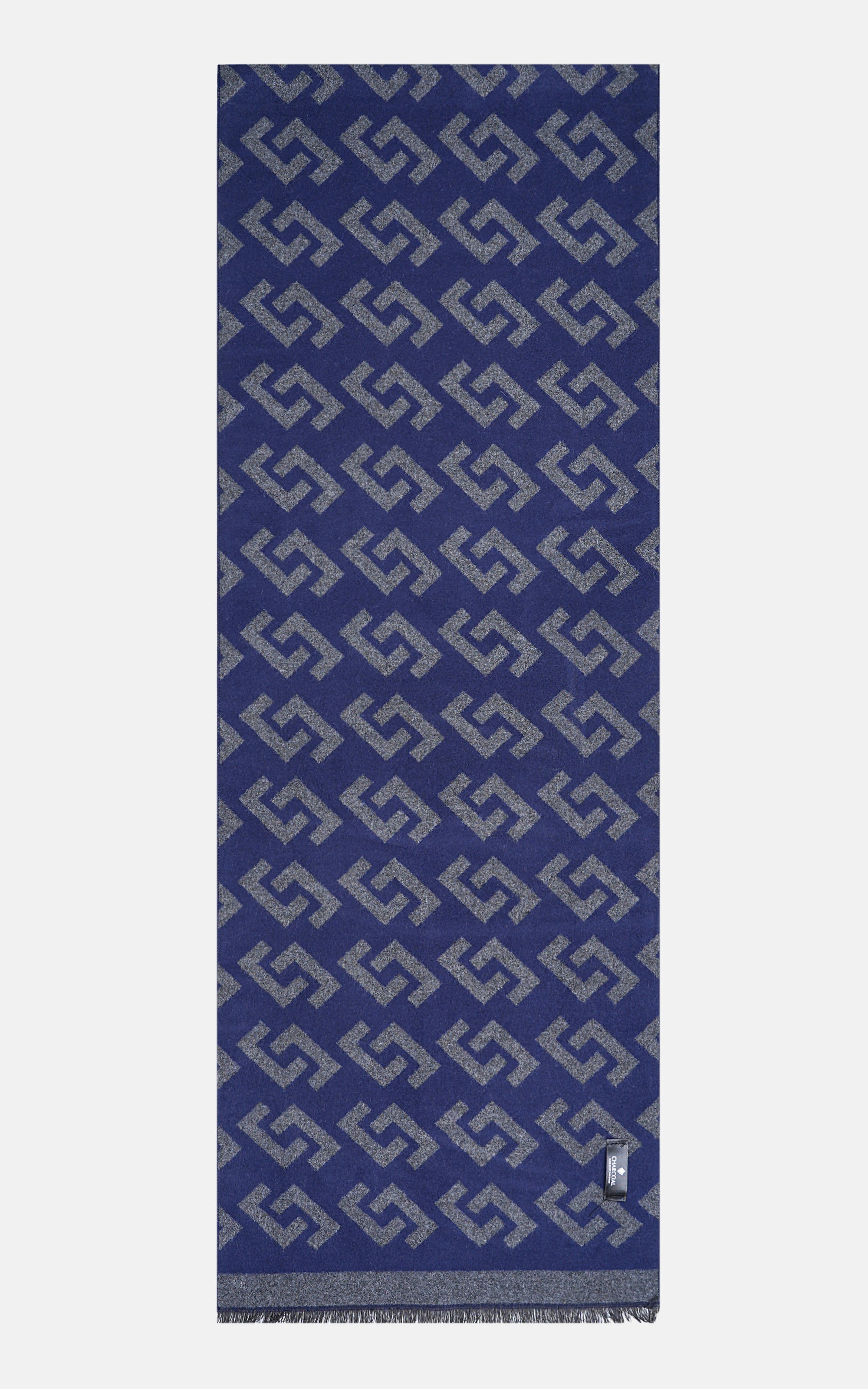 Blue and gray geometric scarf, straight laid view with fringe hem