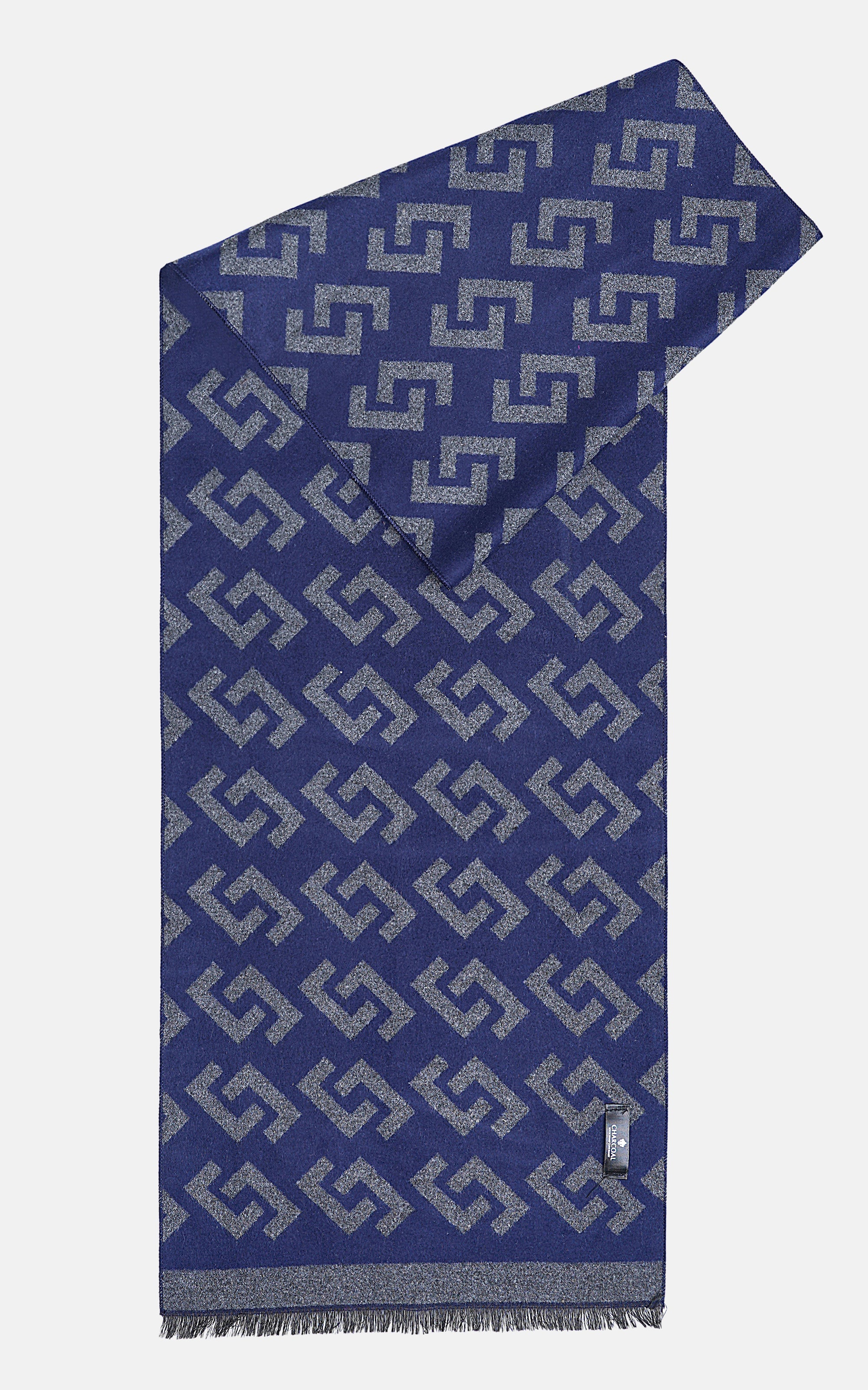 Blue geometric scarf with fringed ends and diagonal fold