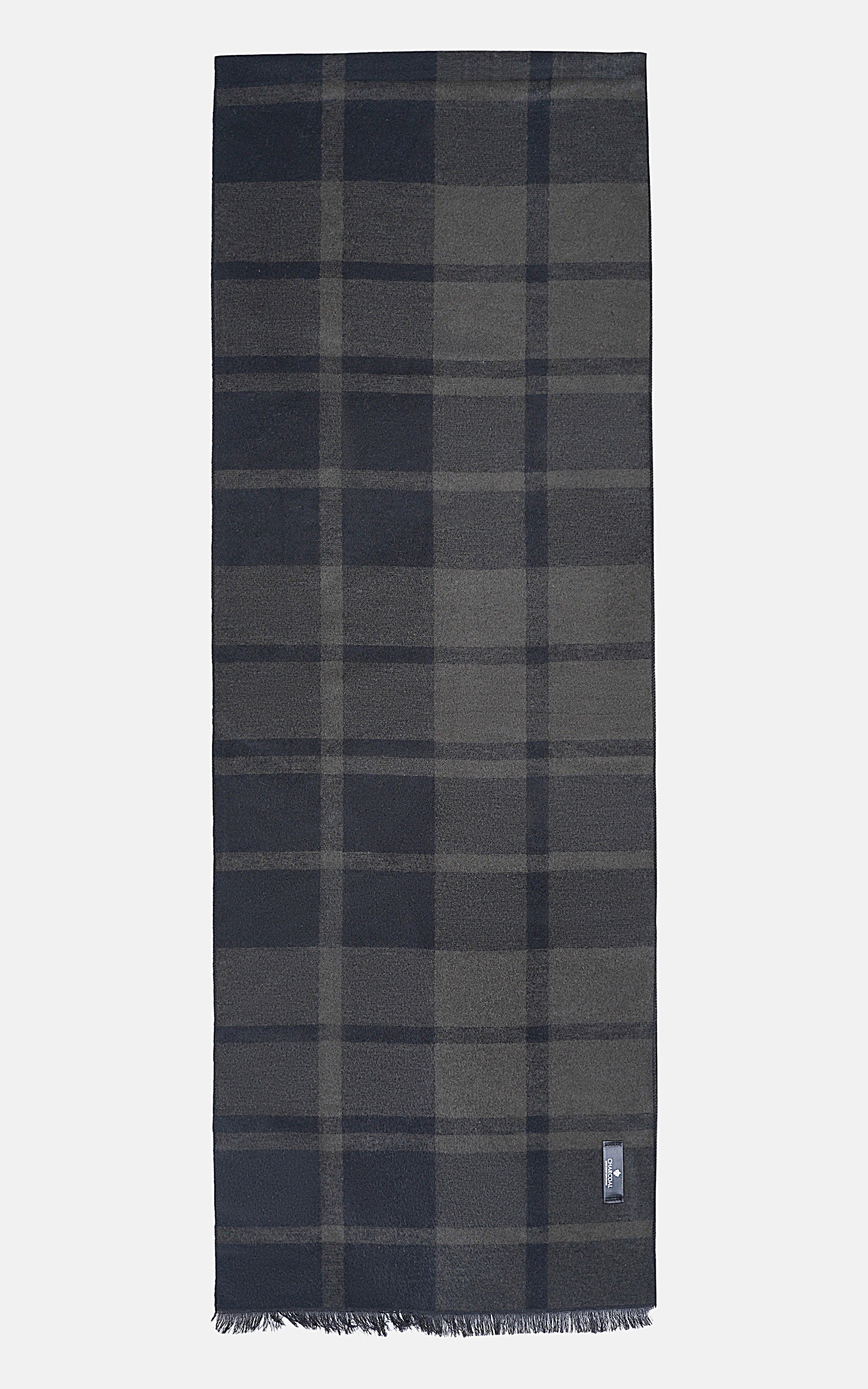 Dark plaid scarf with fringed bottom edge and small corner label