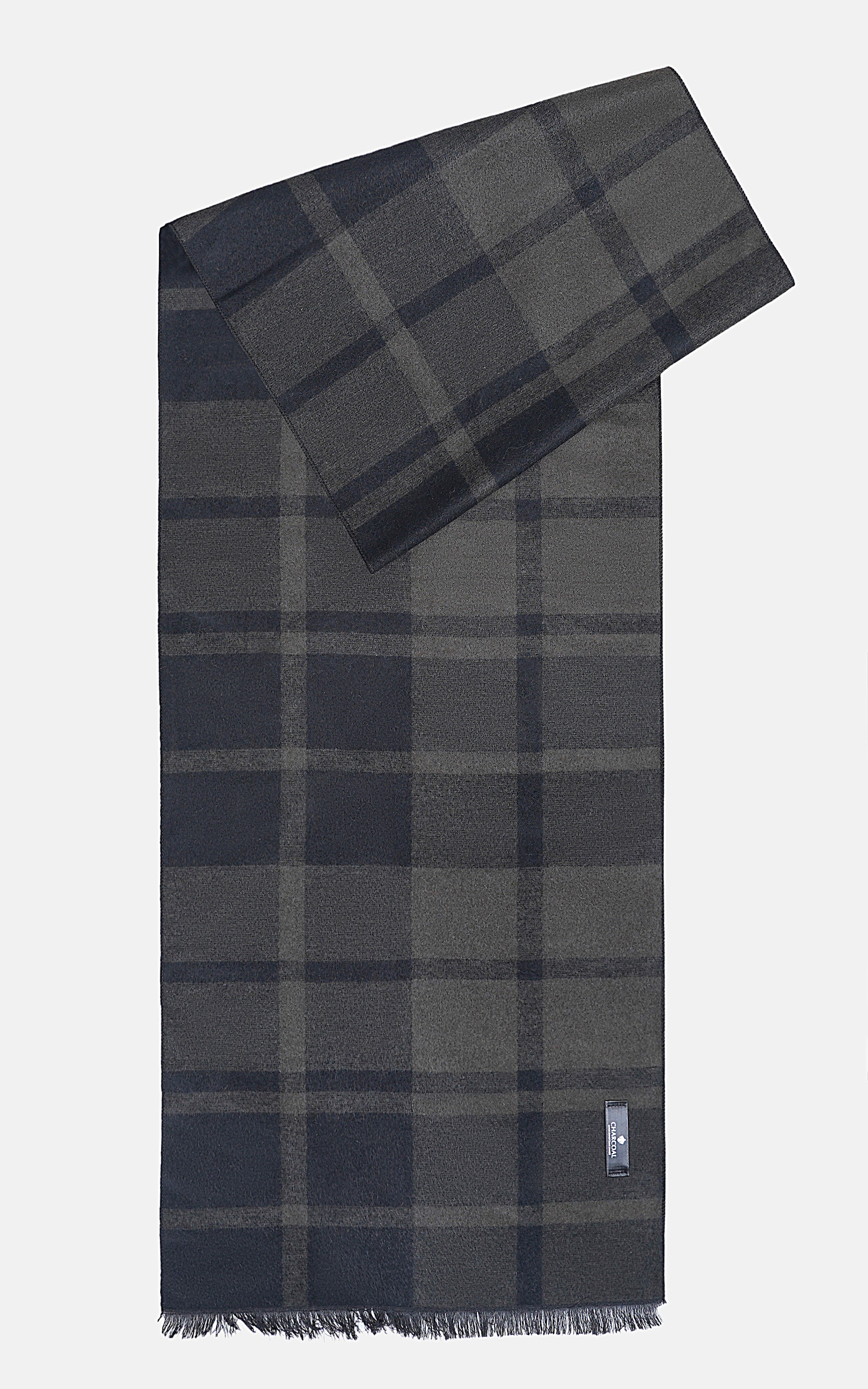 Dark plaid scarf with fringed ends and small corner label