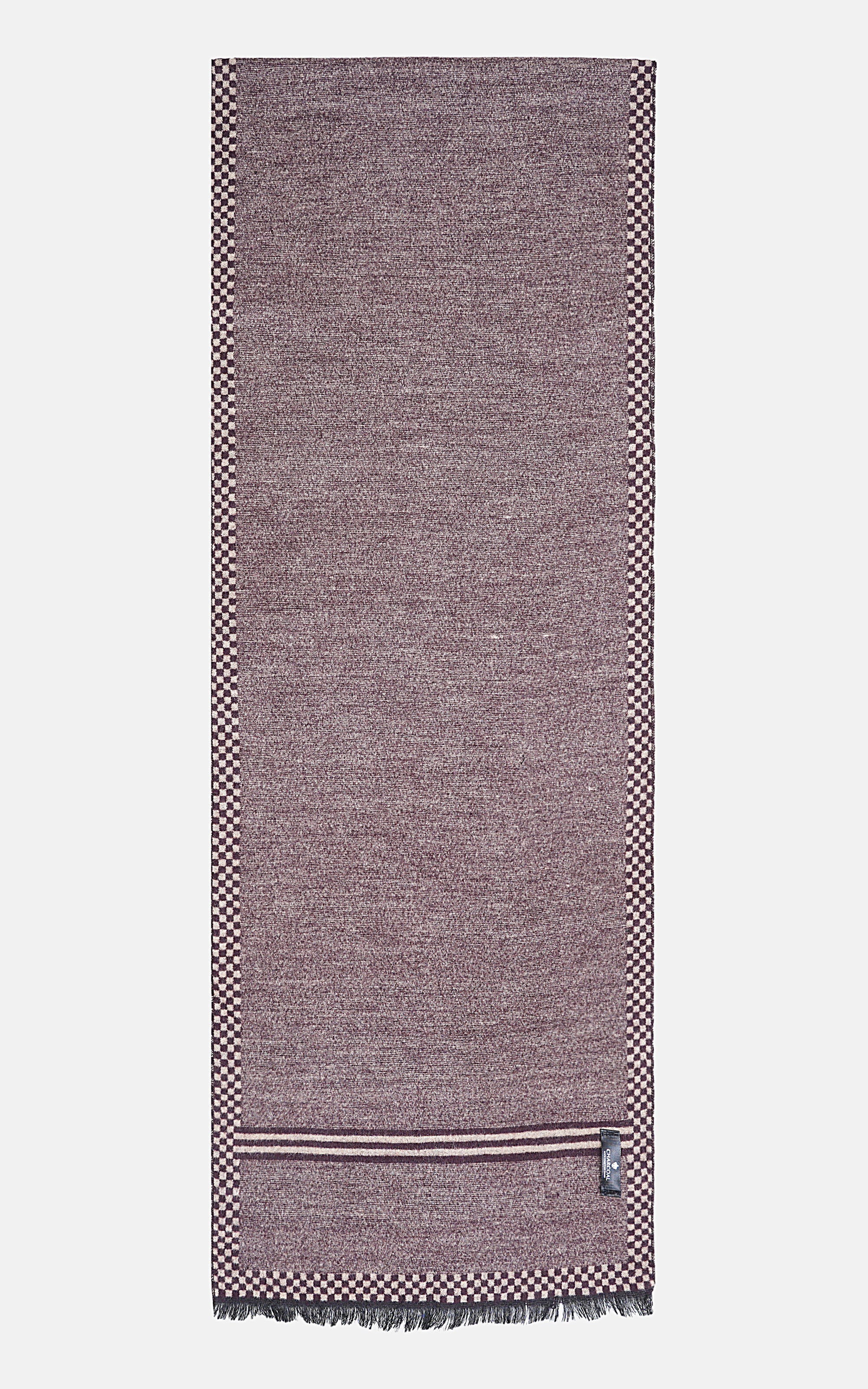 Grey scarf with check trim border, solid bottom stripe, and fringed ends.