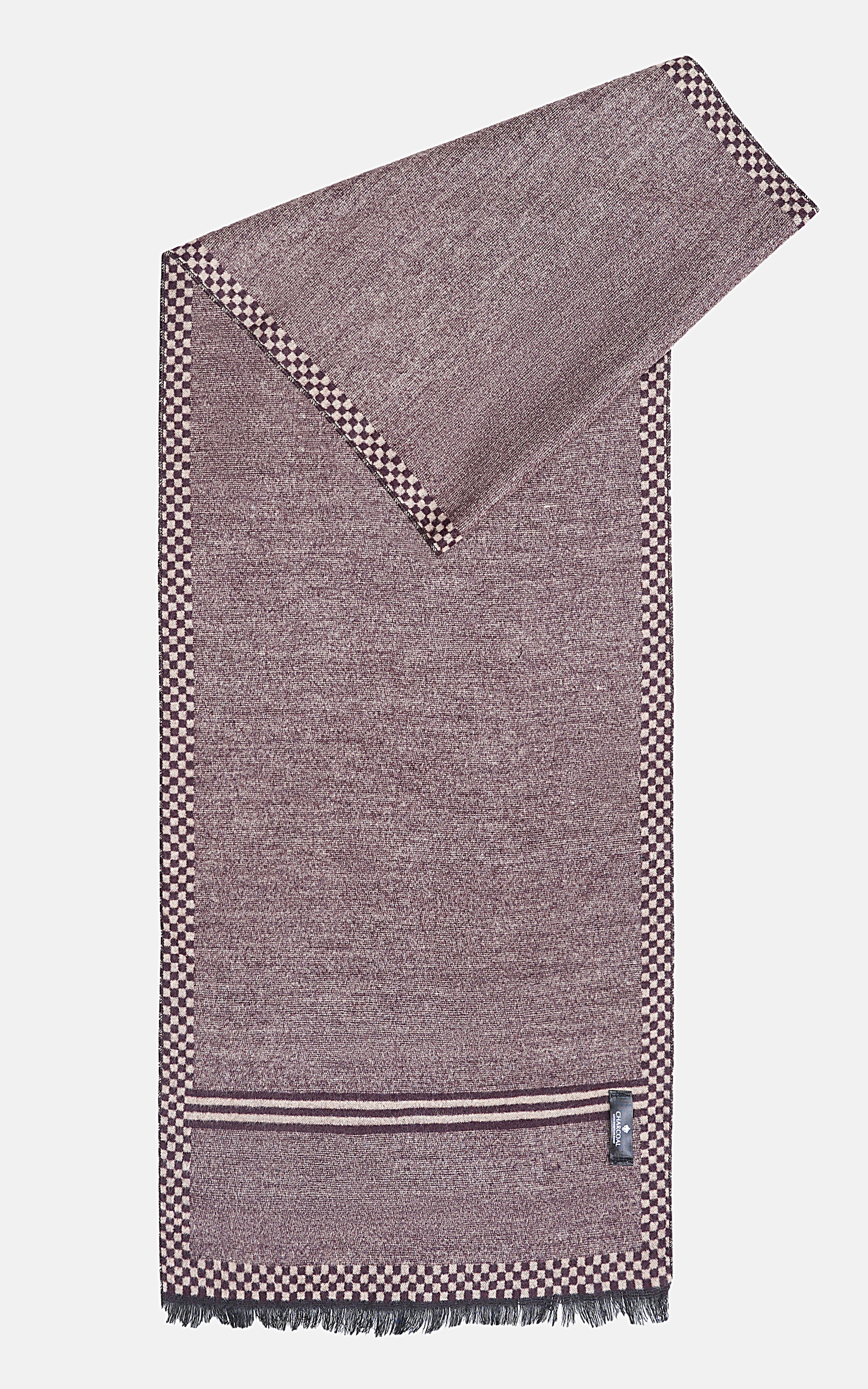 Grey scarf with check border, diagonal stripe accent, and fringed hem with metal clasp.