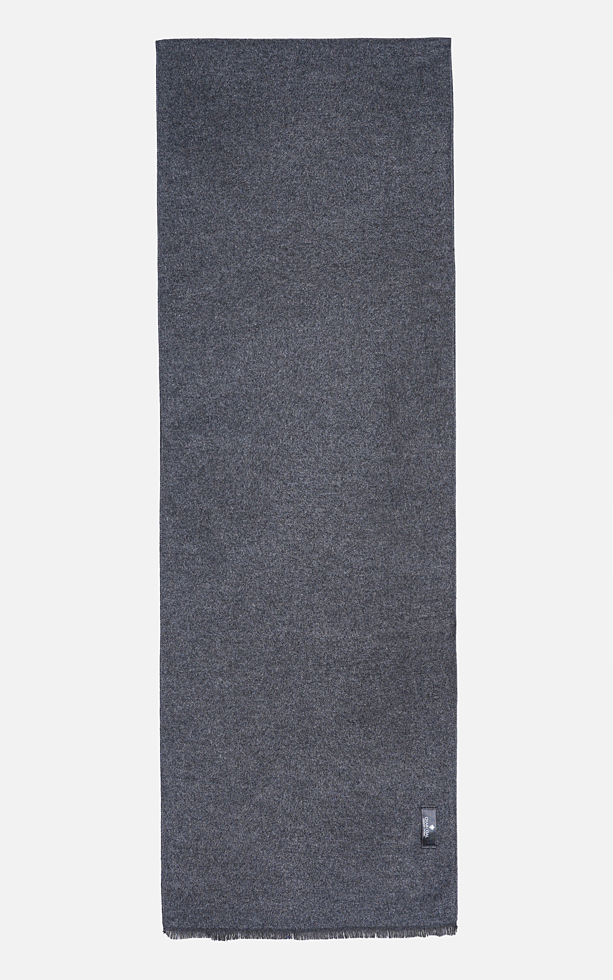 Dark gray scarf with subtle texture and frayed ends, rectangular shape