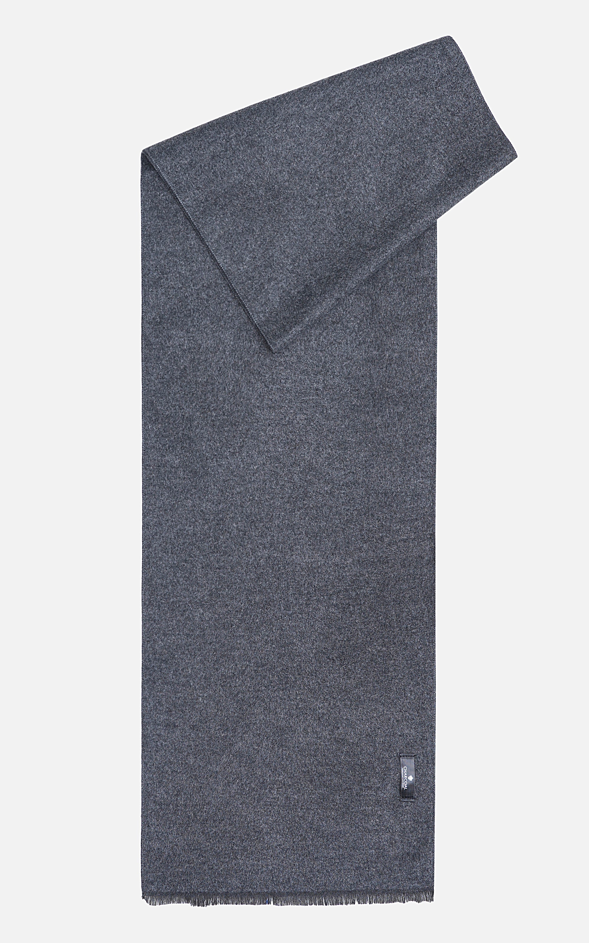 Dark gray scarf, folded view with frayed edge and small label at end